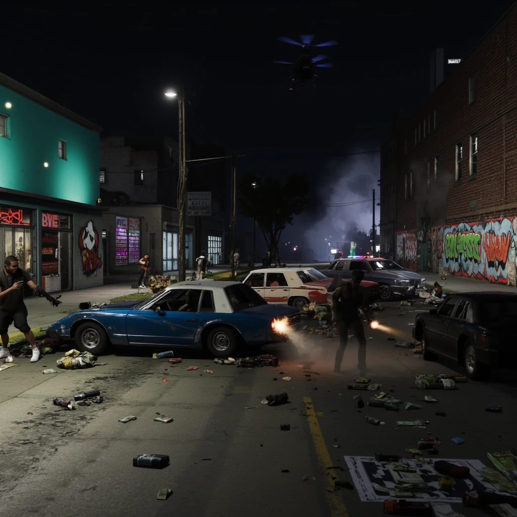 Brutal gang shootout scene on the streets of Los Santos at night, Intense gunfight between rival gangs, bullet holes in cars and walls, colorful urban graffiti, scattered cash and stolen goods on the ground, sparks and muzzle flashes flying through the air, dramatic lighting from a police helicopter overhead, upturned cars, plumes of smoke, trash strewn across the street, dimly lit neon alleyway, cinematic chaos, Grand Theft Auto style, ultra-realistic, 4K, action-packed