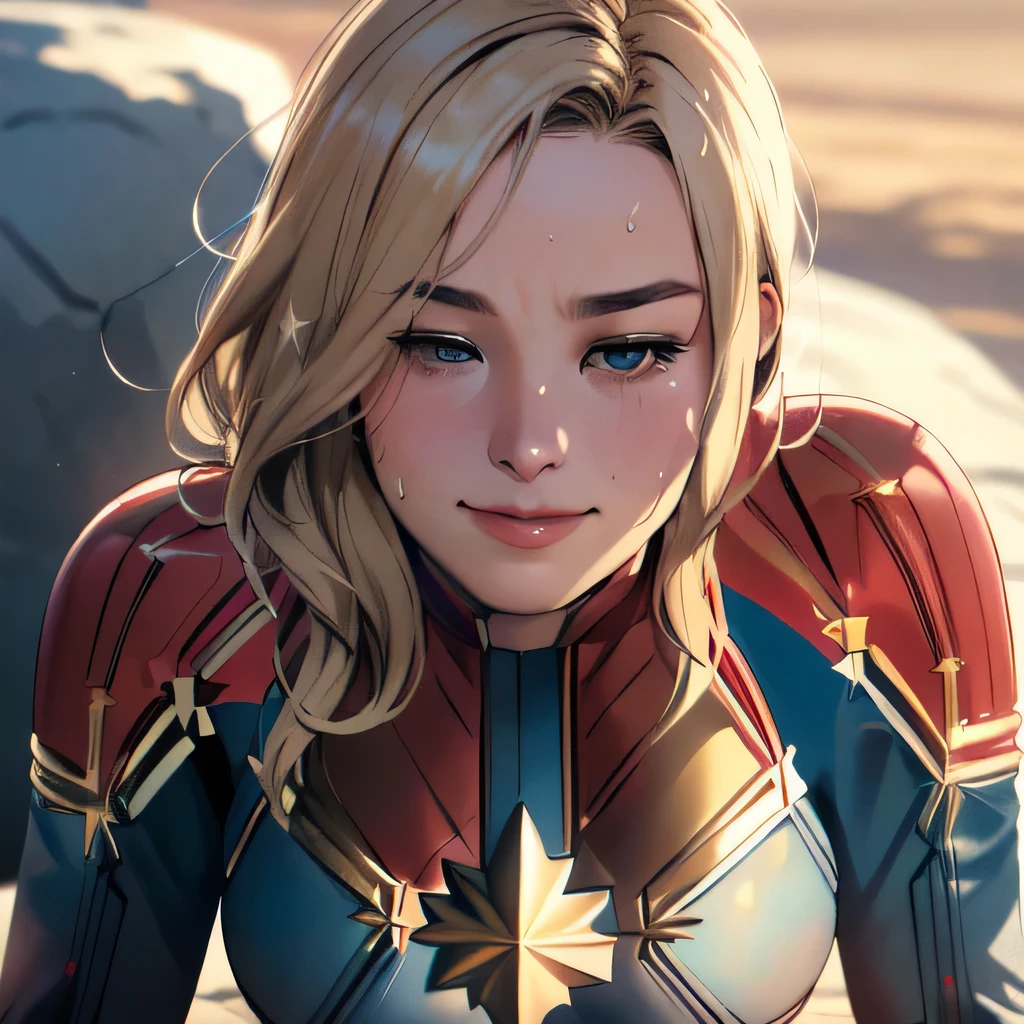 (masterpiece:1.3), (8k, realistic, RAW photo, top quality: 1.4), absurd, charm, super high resolution , Super Real, very well detailed, golden ratio, (realistic), (best shadows), low contrast, (complicated:1.4), Side Lighting, 8k, beautiful face, (realistic Face), Beautiful Hairstyle, realistic eyes, beautiful details, (realistic Skin), beautiful skin, (one girl), ((Brie Larson, Captain Marvel)), ((smiles at the camera:1.1)), (accurate depiction of a hand and finger kneeling on a rock), (blonde long hair:1.3), (half closed eyes), (surprised expression:1.1), (flashing), (sweat),