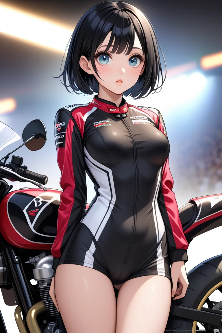 (masterpiece:1.6、最high quality)、(Beautiful and beautiful eyes: 1.2)、(Looking down)、high quality、Beautiful Face、Cosplayers, Race Queen, Flashy makeup, One girl、Enamel Top Tube Tight Skirt、Leather Racing Jacket, Huge , length, Wide Hips, (Landscape, ), street, Racing Circuit, Racing Car, Detailed Background,Creepy Smile、Laugh with the corners of your mouth、 --automatic