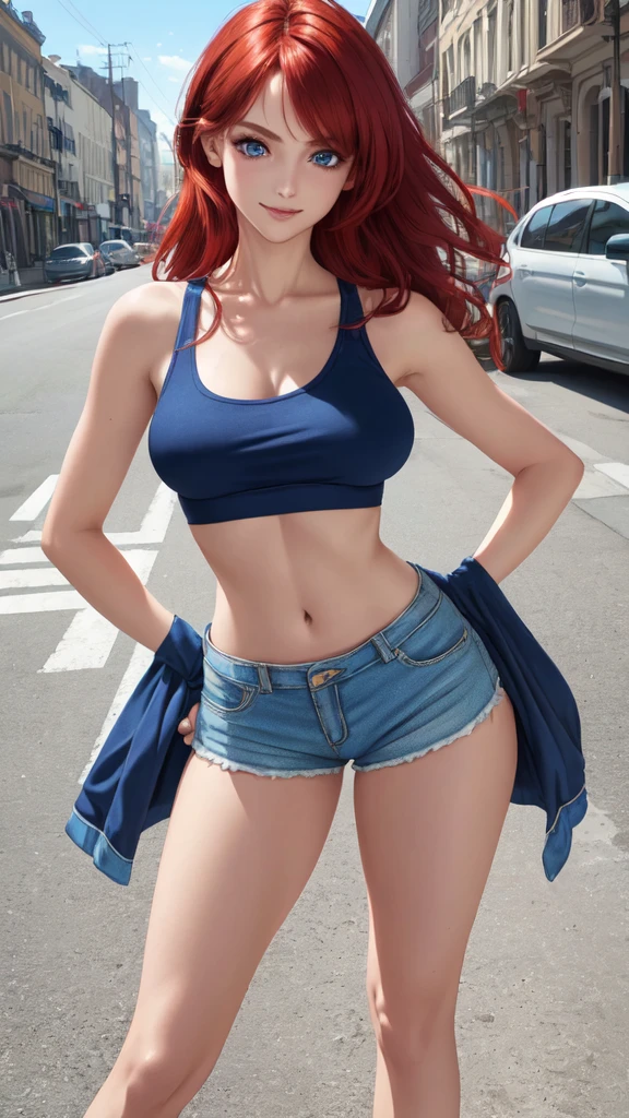 ((Realistic lighting, Best quality, 8K, Masterpiece: 1.3)), Clear focus: 1.2, 1 girl, Perfect Figure: 1.4, Slim Abs: 1.1, See through, tight clothing, ((Red-Haired)), (panties: 1.4), (Blue crop top: 1.4), (Outdoor, Night: 1.1), City streets, Super fine face, Fine eyes, Double eyelids,