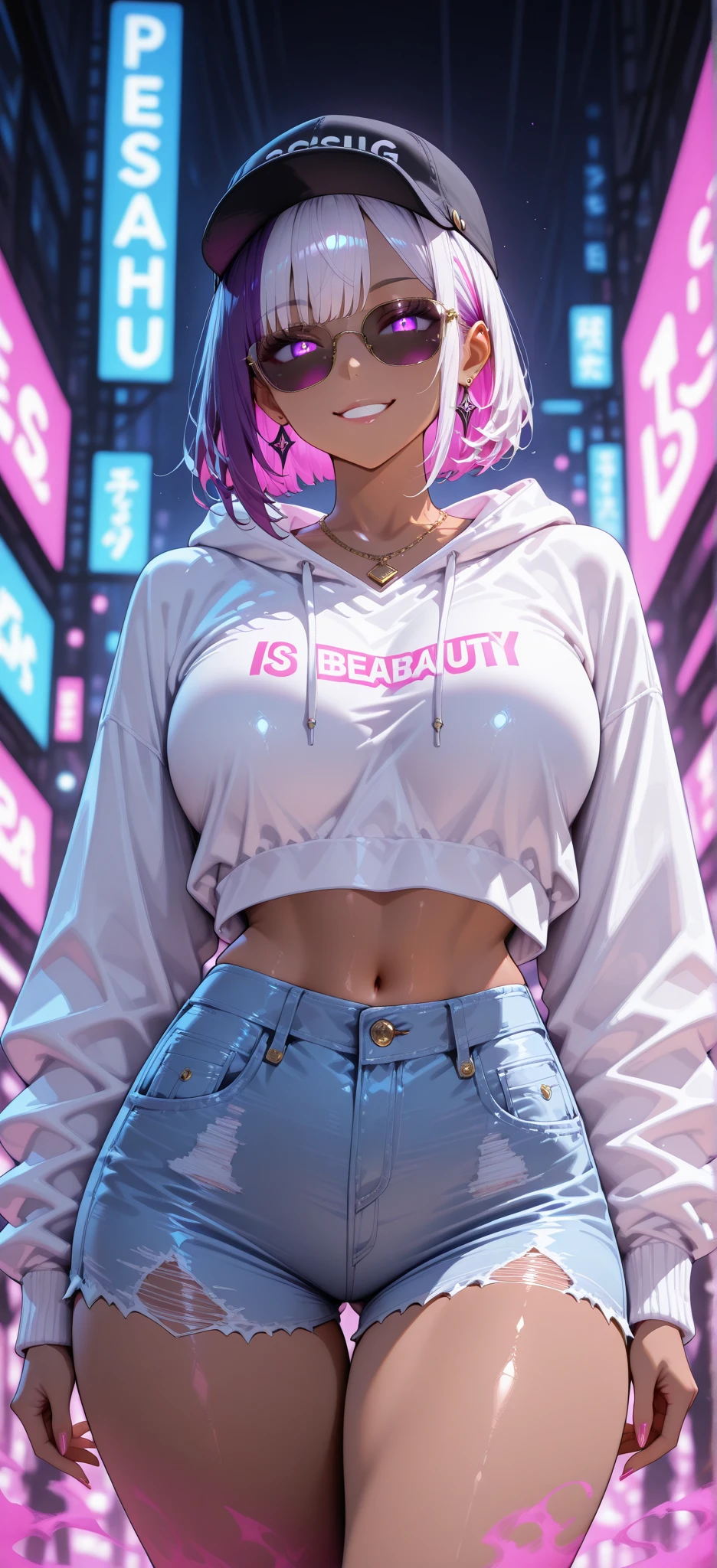 (Big breasts:1.4), happy, (masterpiece), tall woman, (high def body), (detailed eyes), (realistic), thick thighs, highly detailed skin, cute female human, (short pink-blue hair), (grey eyes), (pink and blue hoodie), (visible navel), (cute pink thong), (detailed face and eyes:1.3), cute hair, (stars), (sparkles), dark lighting.