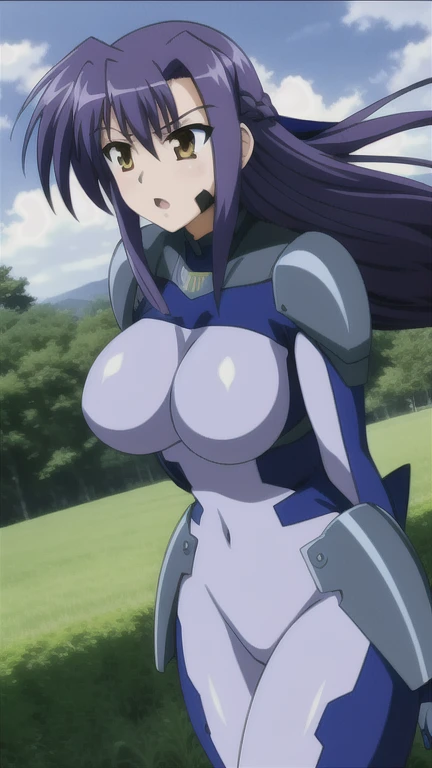 Saeko Busujima, (Super elaborate CG Unity 8K wallpaper, Obra maestra, highest qualityr): (Dynamic Angle, solamente, 1 girl in, Blue cyborg armor in the style of the police uniform, antena mental que se asemeja a orejas de conejo, cabello canoso)