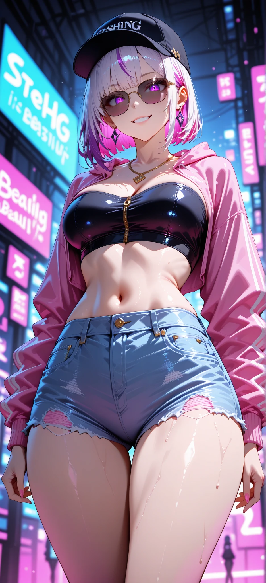 Honoka, university student,Pink Hair,Huge breasts,Cleavage,Low-cut,pantyhose,cute,necklace,earrings,Red lips,shy,皮jacket,miniskirt,Denim,jacket,Baseball cap,棒球jacket