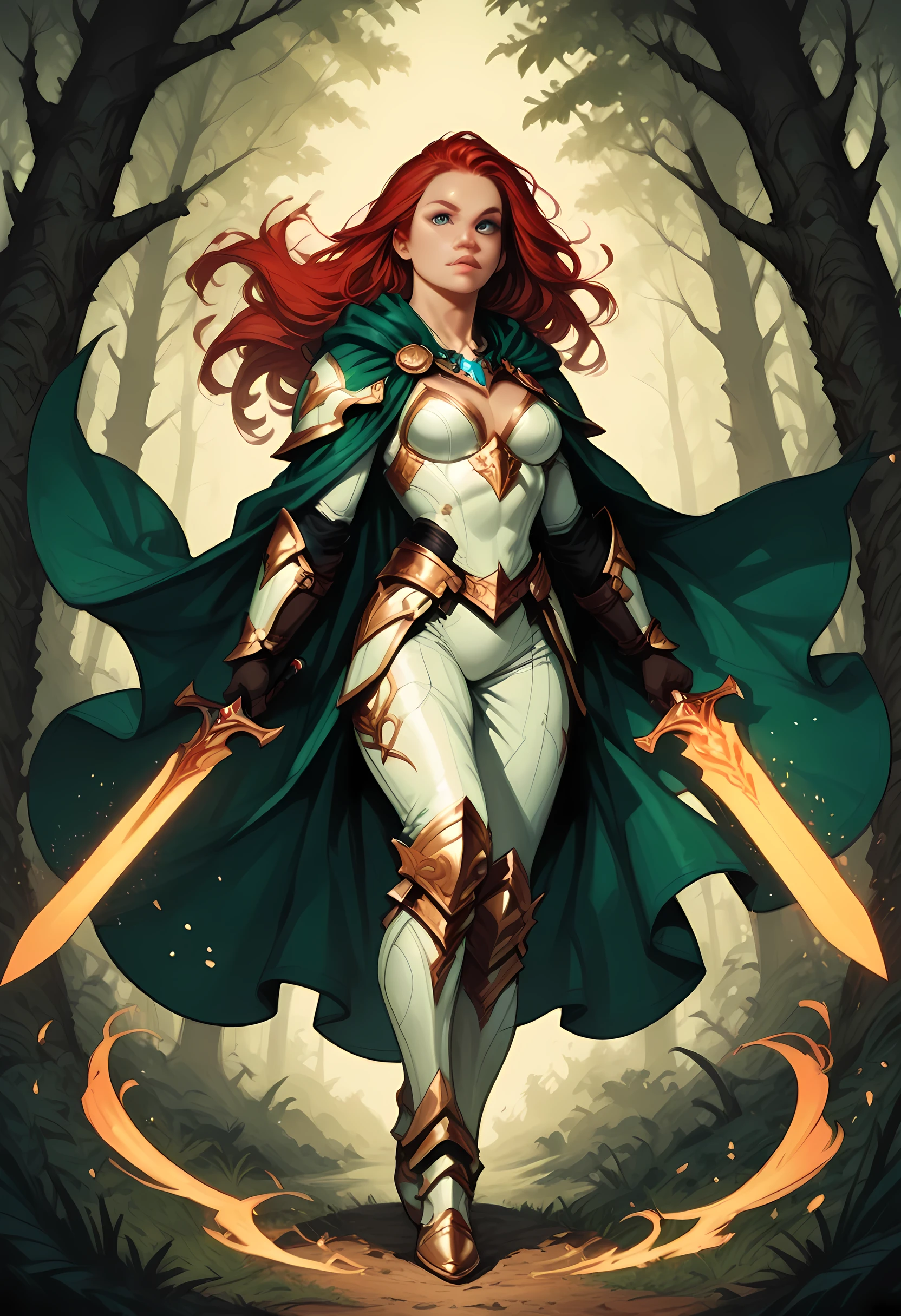 a picture of female human paladin of nature protecting the forest, wearying heavy armor, divine armor, white armor, small cleavage,  flowing cloak, long cloak, green cloak, armed with a sword, glowing sword, wearing a glowing holy symbol, a woman, divine knight, full body, perfect body, ultra detailed face, ultra feminine, pale skin, red hair, long hair, blue eyes, body, intense eyes, fantasy forest background, D&D art, RPG art, magical atmosphere magic-fantasy-forest, ultra best realistic, best details, best quality, 16k, [ultra detailed], masterpiece, best quality, (extremely detailed), ultra wide shot, photorealism, depth of field, hyper realistic painting, fantasy art, realistic art,((best quality)), ((masterpiece)), (detailed), perfect face, Cinematic Shot, Fantasy background, d4f4b