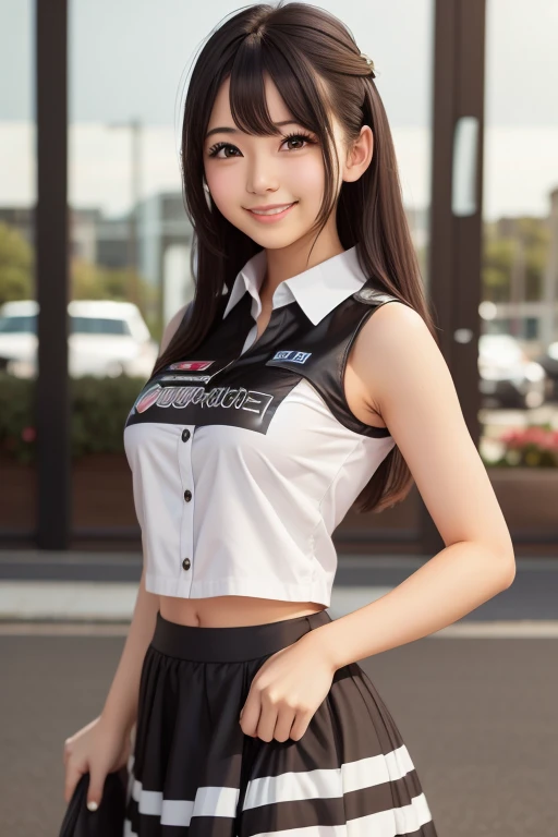 (4 k、top-quality)、(realisitic、Photorealsitic)、(Yakian)、
1girl in、独奏、fullllbody、(face to the viewer)、
perfect hand、up looking_で_the viewer、
whiteshirt、
Daytime、Suzuka Circuit、finerly detailed face、Slightly chubby、The best smile、You can see the double teeth、white hairband、Light brown long curled hair,,(super gigantic breast, cleavage:1.2),(Black enamel lace_queen、I'm wearing enamel shorts:1.3), (Cameltoe),、Nogizaka Idol、actress、Korean Idol、hposing Gravure Idol,place one's arms behind one's back,raise both arm,(Aside)、I'm wearing long black enamel boots、