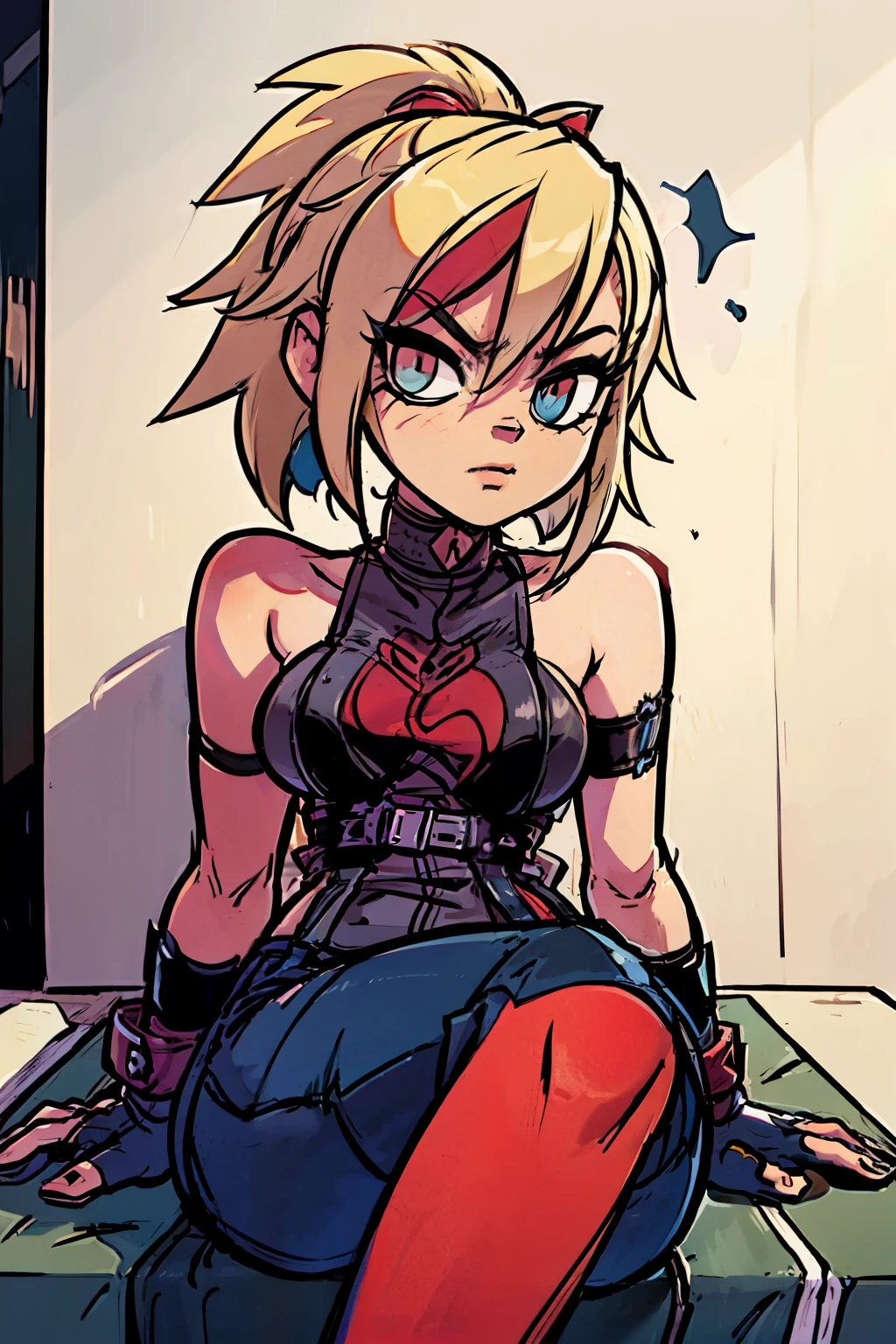 (masterpiece, best quality:1.2), red glowing eyes, red eyes, the eyes are red, perfect face, , strong make up, highres, 1 girl, solo, ultra long ponytail, (female:1.5), strife, blonde hair, shoulder armor, sleeveless turtleneck, suspenders, belt, gloves, bracer pre potent smile, lazy pose, cute arms , evil smile, evil pose, sitting, portrait, looking at viewer, Her hair is streaked with red and blonde highlights.