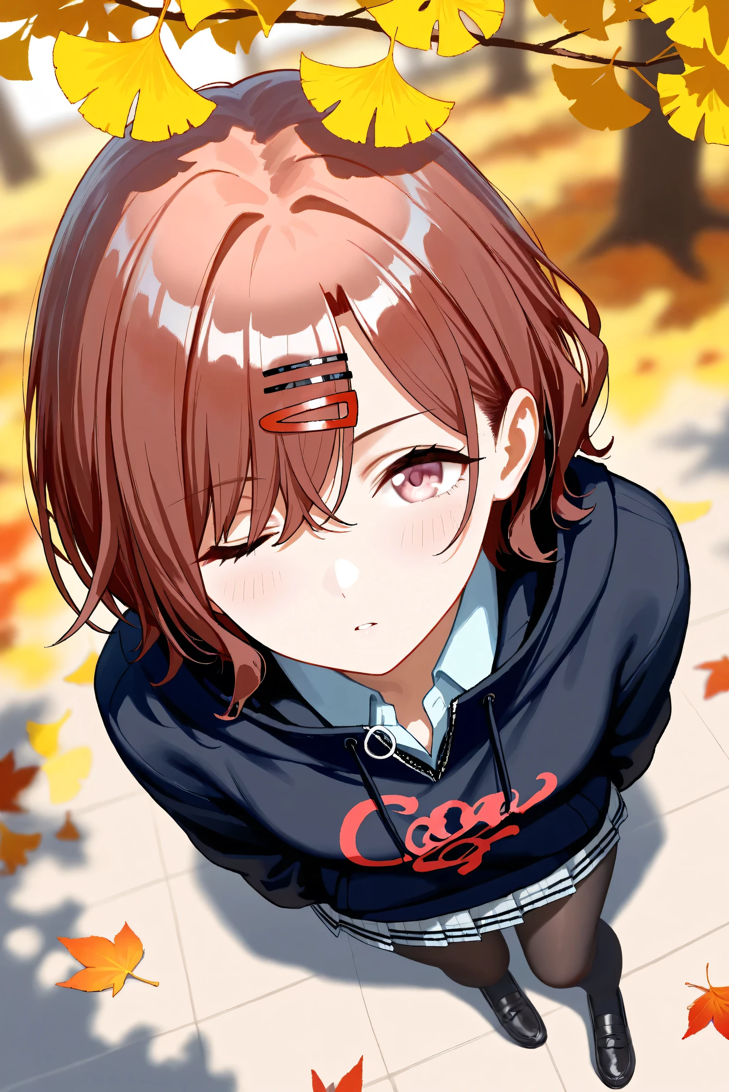 (Masterpiece), (Highest quality), (Very detailed), 
(The best shape), (Best Shadow), (Absurd), 
(Detailed background), (So beautiful), Shiny , 
Extraordinary, Countershading, 8k, 32K, High resolution, Beautiful eyes in every detail,
Very Detailed CG, UHD,

Score_9, Score_8_up, Score_7_up, Source_anime, 
(Pastel painting:1.2), (Watercolor painting:1.2),
(Masterpiece, Detailed:1.2), (Foreshortening:1.2),

Cinematic, Dramatic, (Depth of field:1.4),
(Blurry background:1.4), (Realistic background:1.4),
(Foreshortening:1.3),Dynamic angle, 1 girl,
Outdoor, autumn, Ginkgo, (autumn leaves:1.2),
from above, (High angle:1.1), (wide shot:1.2),

Higuchi Madoka,
The idolmaster shiny colors,

(school uniform:1.3),
hoodie, black hoodie, long sleeves hoodie,
Shirt collar,
Mini skirt, Light blue shirt, 
pantyhose, black pantyhose,
loafers,

(Blush:1.3), Expressionless, parted lips,
Hand guard,
looking up, one eye closed, looking at viewer,
Realistic skin, Shiny skin,