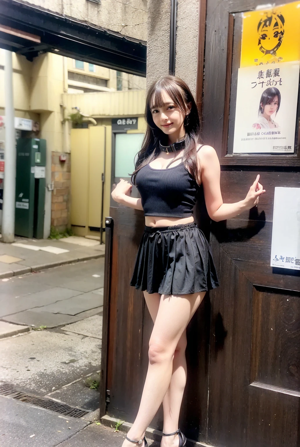 In prison, black collar, three cheerleaders, 16 years old, (arms behind back), (symmetrical pose), sports bra, navel exposed, pleated micro-mini skirt, socks, being trained by master