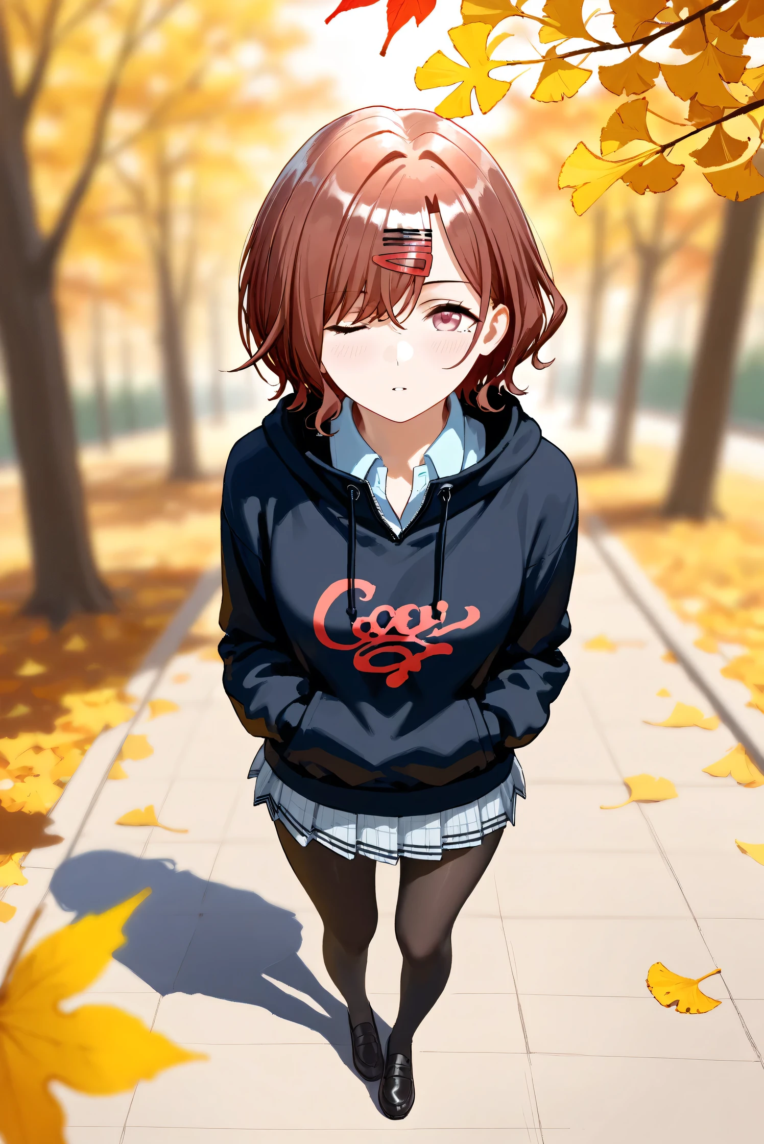 (Masterpiece), (Highest quality), (Very detailed), 
(The best shape), (Best Shadow), (Absurd), 
(Detailed background), (So beautiful), Shiny , 
Extraordinary, Countershading, 8k, 32K, High resolution, Beautiful eyes in every detail,
Very Detailed CG, UHD,

Score_9, Score_8_up, Score_7_up, Source_anime, 
(Pastel painting:1.2), (Watercolor painting:1.2),
(Masterpiece, Detailed:1.2), (Foreshortening:1.2),

Cinematic, Dramatic, (Depth of field:1.4),
(Blurry background:1.4), (Realistic background:1.4),
(Foreshortening:1.3),Dynamic angle, 1 girl,
Outdoor, autumn, Ginkgo, (autumn leaves:1.2),
from above, (High angle:1.1), (wide shot:1.2),

Higuchi Madoka,
The idolmaster shiny colors,

(school uniform:1.3),
hoodie, black hoodie, long sleeves hoodie,
Shirt collar,
Mini skirt, Light blue shirt, 
pantyhose, black pantyhose,
loafers,

(Blush:1.3), Expressionless, parted lips,
Hand guard,
looking up, one eye closed, looking at viewer,
Realistic skin, Shiny skin,