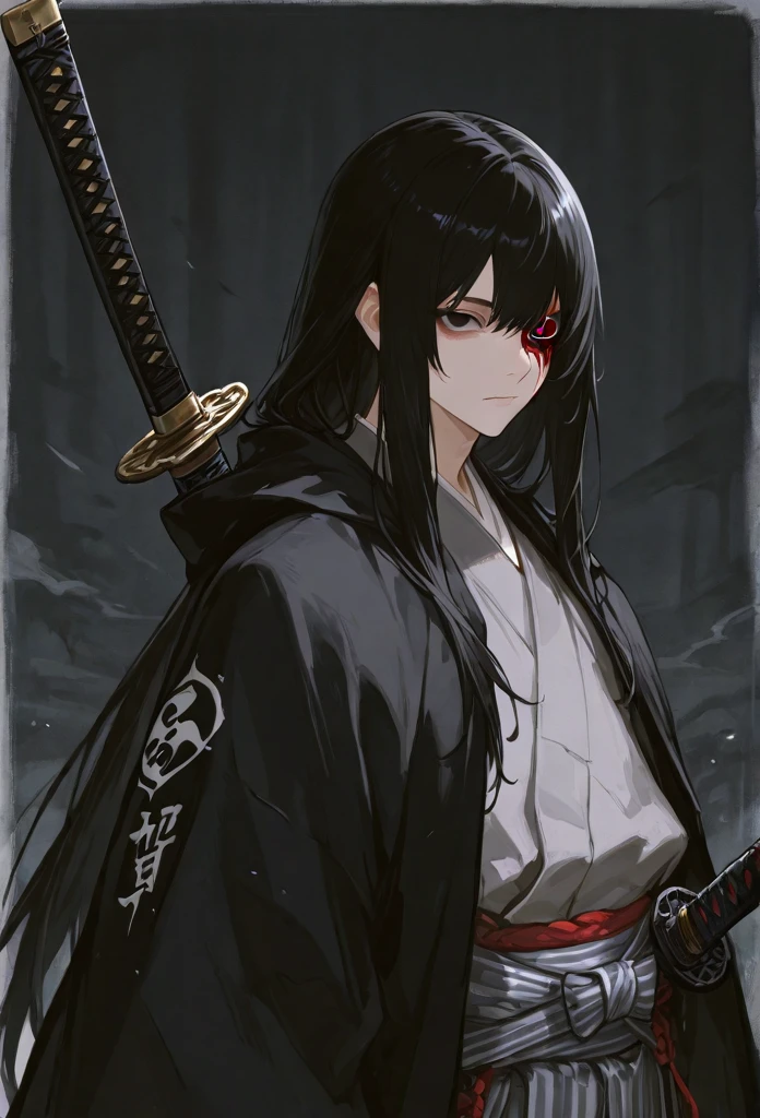 A samurai girl with a long black hair and a sword dressing a black cloth