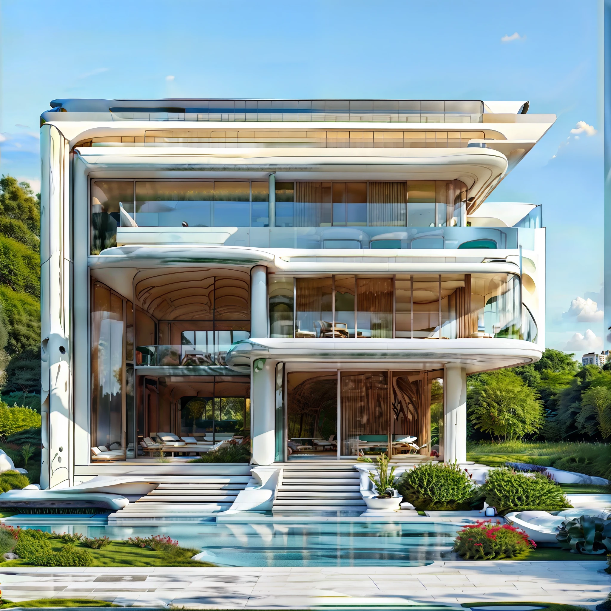 Building design, . , by zaha hadid and norman foster, gardens lawn. Asphalt at front, smooth contrasting wall colors . Green marble on the top roof, on white, blue sky with white cloud