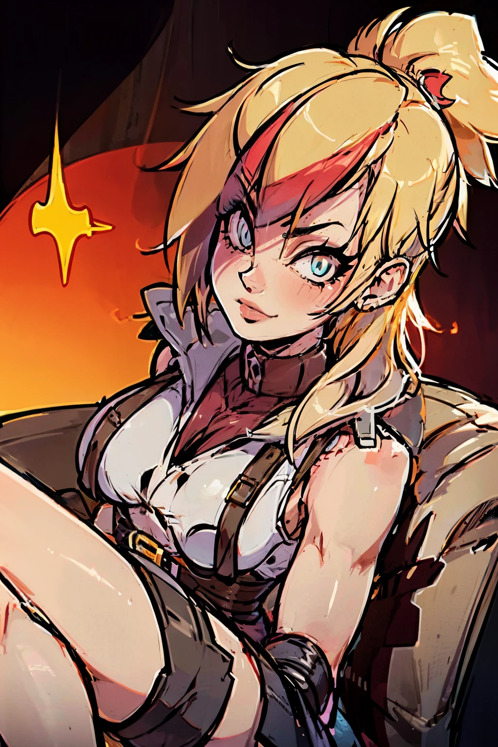 (masterpiece, best quality:1.2), red glowing eyes, red eyes, the eyes are red, perfect face, , strong make up, highres, 1 girl, solo, ultra long ponytail, (female:1.5), strife, blonde hair, shoulder armor, sleeveless turtleneck, suspenders, belt, gloves, bracer pre potent smile, lazy pose, cute arms , evil smile, evil pose, sitting, portrait, looking at viewer, Her hair is streaked with red and blonde highlights.