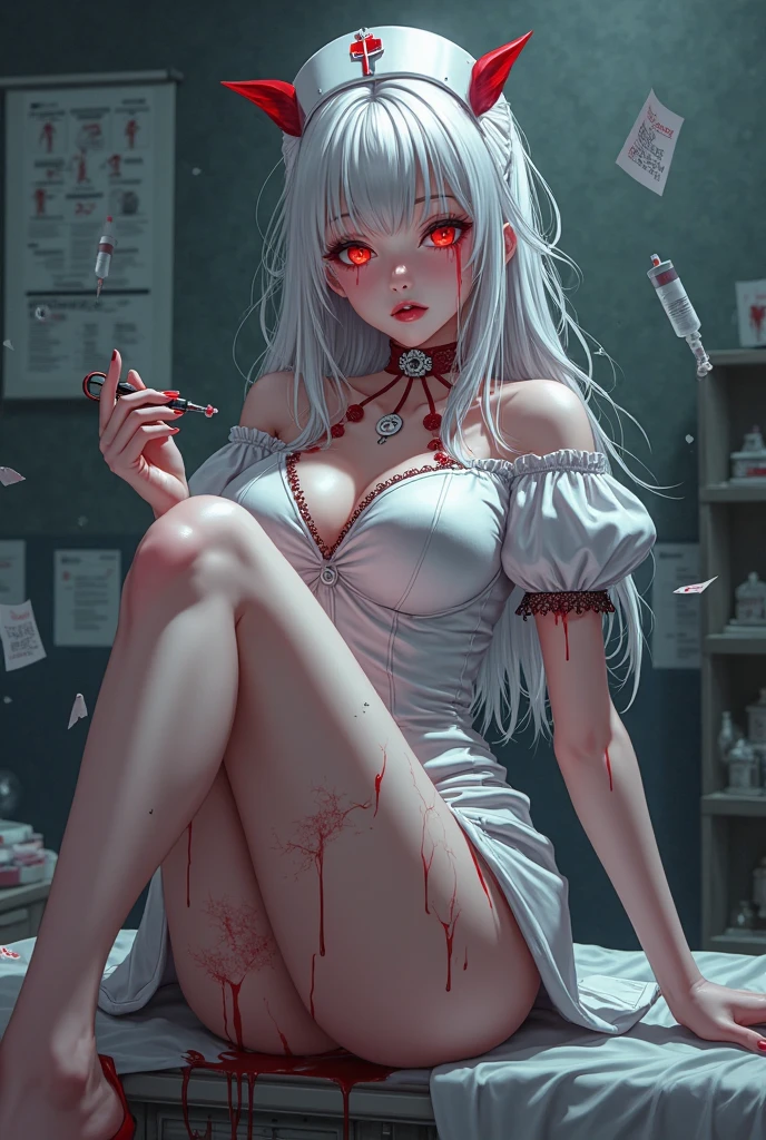 absurdres, RAW photo, extremely delicate and beautiful, masterpiece, Best Quality, ultra high resolution, 32k, hyperrealistic, ultra-detailed, perfect anatomy, super Detailed skin, perfect figure, Super Beauty, Perfect Style, Perfect balance, Beautiful Lighting, Perfect Lightning, Realistic Shadows, 20 years old, very Slim body, narrow waist, very small head, very small face, delicate facial features, handsome detailed woman, very detailed eyes and face, realistic face proportions, Realistic beautiful face, Realistic beautiful eyes, tearful mole, earring, very huge round breasts, legs, medium hair, asymmetrical hair, full_body_shot, indoor, bare foots, ((blood)), ((blood splatter)), ((blood on clothes)), ((blood stain)), hospital, (nurse uniform), (have a chainsaw), (zombie),