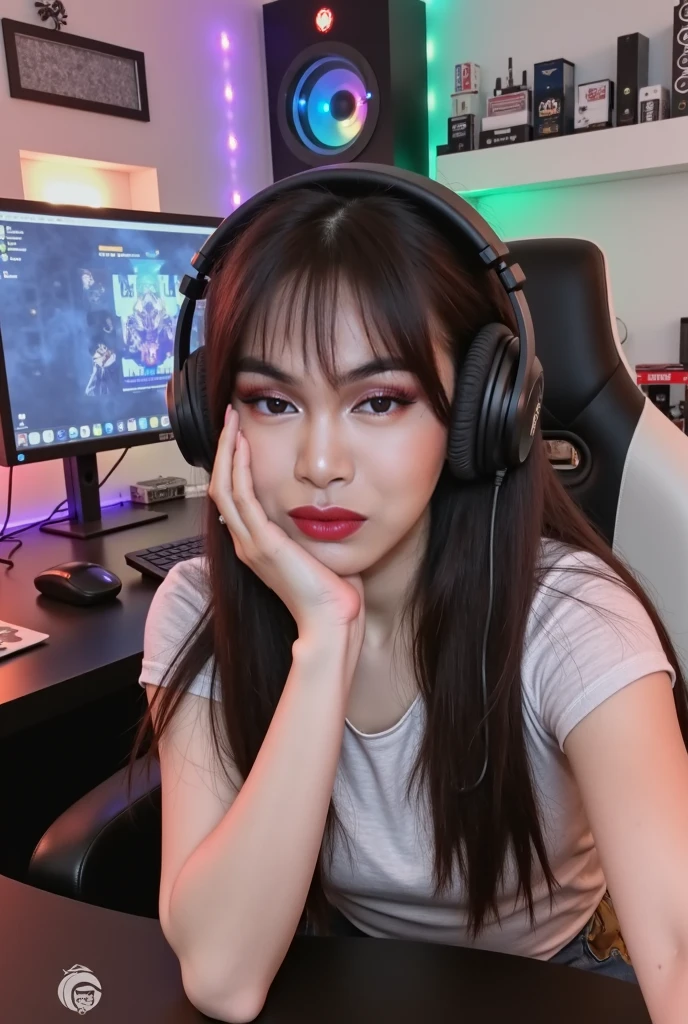 un primer plano de una mujer con auriculares y una camisa negra, contraction serpentine, irelia, hasta el modelo | germen de arte, 🤤 girl portrait, cara de ahegao, foto de perfil de discordia, bella delfina, contraction serpentine / jugador ludwig, 8k germen de arte bokeh, vibraciones de anime, irelia de liga de leyendas, sakimichan