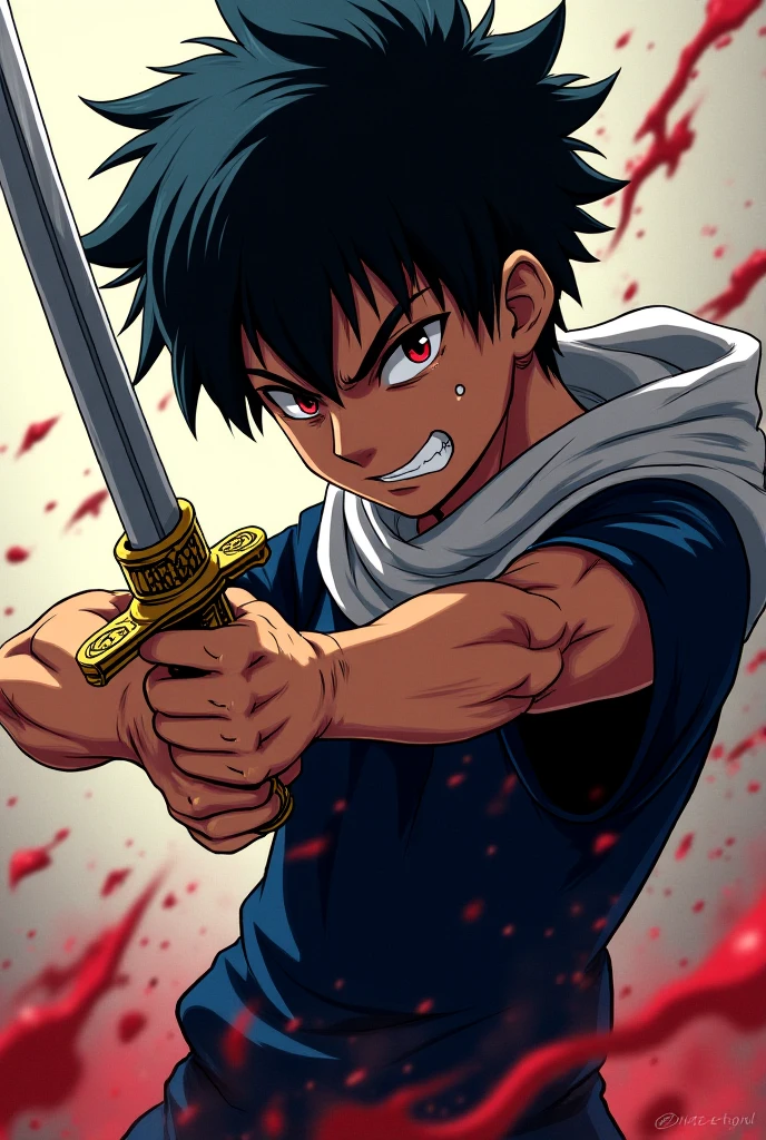 Demon Slayer Screenshot.
Boy with black hair, white eyes, a scar on his left eye, a smile and a blue and white katana. Muscular body and no shirt and wearing baggy pants with an erection.