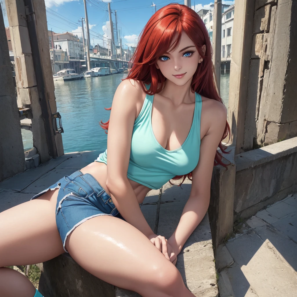 chica sexy, long hairstyle bright red hair, blue eyes, short black sportswear