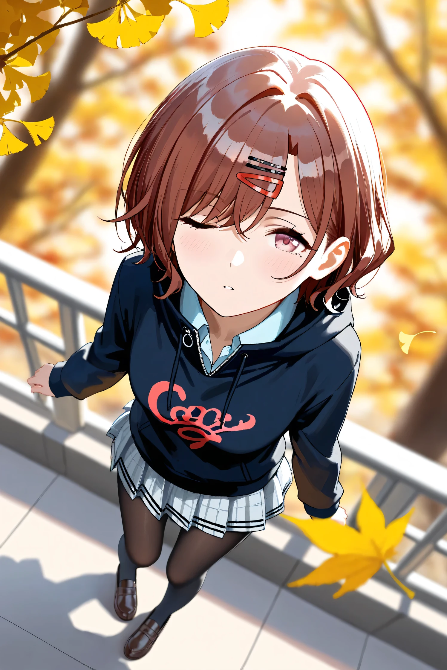 (Masterpiece), (Highest quality), (Very detailed), 
(The best shape), (Best Shadow), (Absurd), 
(Detailed background), (So beautiful), Shiny , 
Extraordinary, Countershading, 8k, 32K, High resolution, Beautiful eyes in every detail,
Very Detailed CG, UHD,

Score_9, Score_8_up, Score_7_up, Source_anime, 
(Pastel painting:1.2), (Watercolor painting:1.2),
(Masterpiece, Detailed:1.2), (Foreshortening:1.3),

Cinematic, Dramatic, (Depth of field:1.4),
(Blurry background:1.4), (Realistic background:1.4),
(Foreshortening:1.3),Dynamic angle, 1 girl,
Outdoor, autumn, Ginkgo, (autumn leaves:1.2),
from above, (High angle:1.1), (wide shot:1.3),

Higuchi Madoka,
The idolmaster shiny colors,

(school uniform:1.3),
hoodie, black hoodie, long sleeves hoodie,
Shirt collar,
Mini skirt, Light blue shirt, 
pantyhose, black pantyhose,
loafers,

(Blush:1.3), Expressionless, parted lips,
Hand guard,
looking up, one eye closed, looking at viewer,
Realistic skin, Shiny skin,