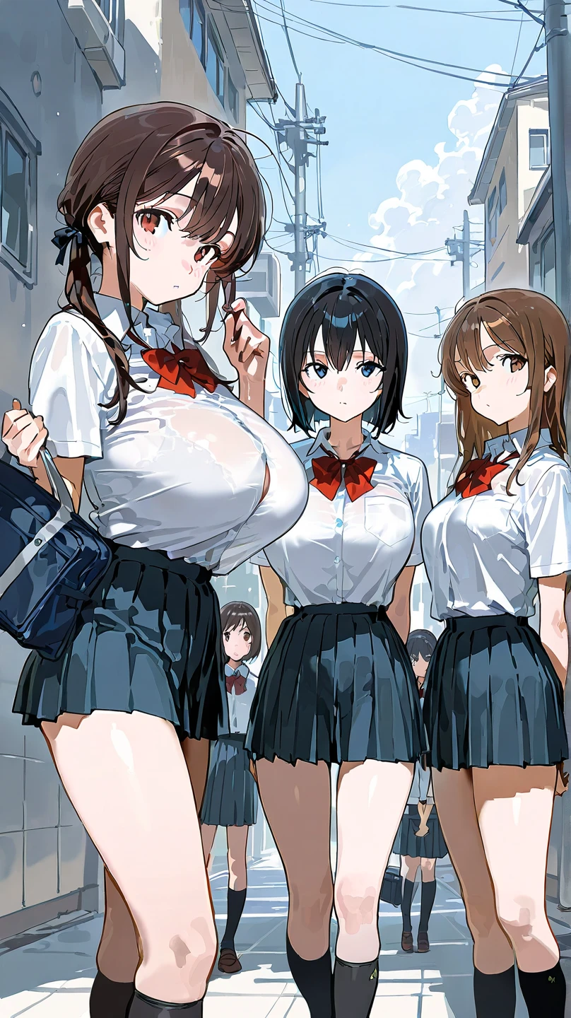3girls, best quality, masterpiece, (pov tits fuck:1.2), oiled, (enormous huge gigantic tits:1.5, cum, penis in tits, ), cleavage,Sakimiya Iruka, brown hair, blazer, garden, (serious:1.5), looking up,
