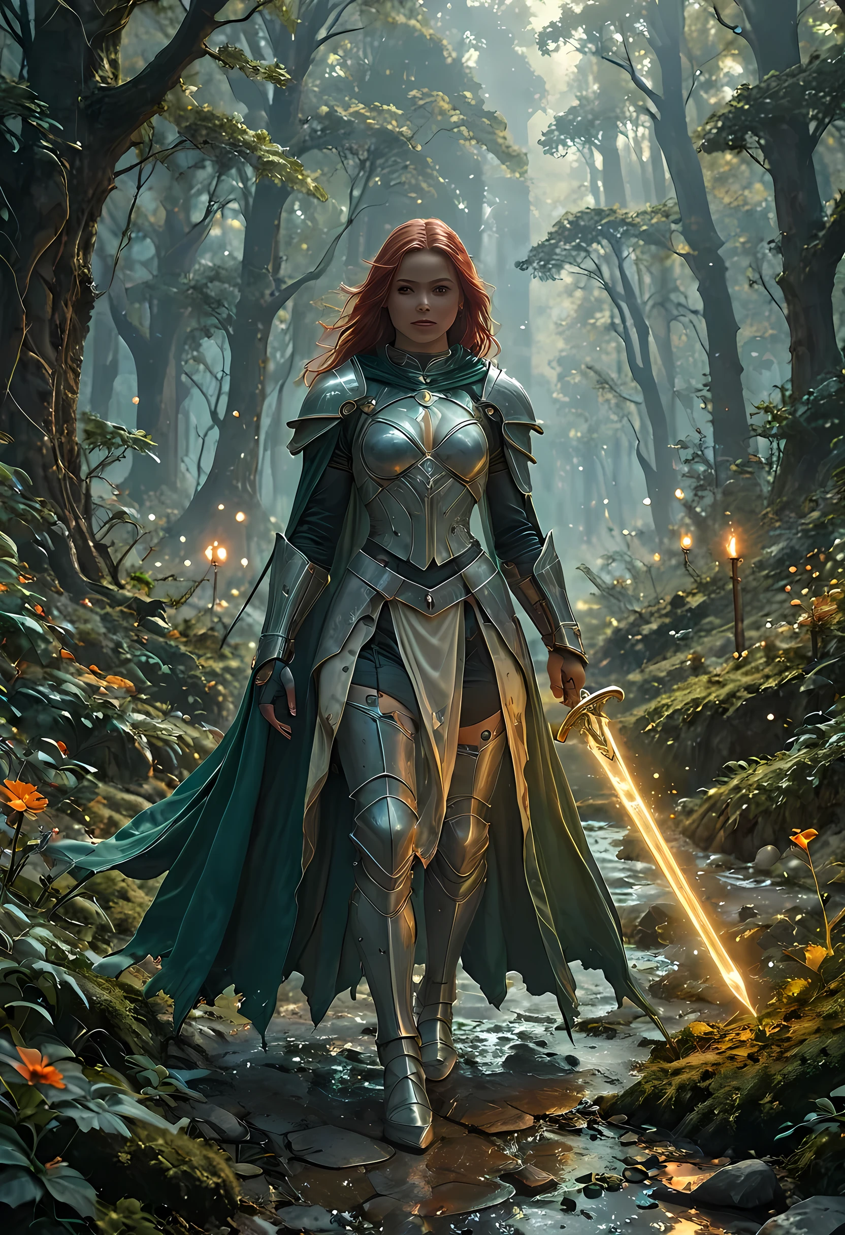 a picture of female human paladin of nature protecting the forest, wearying heavy armor, divine armor, white armor, small cleavage,  flowing cloak, long cloak, green cloak, armed with a sword, glowing sword, wearing a glowing holy symbol, a woman, divine knight, full body, perfect body, ultra detailed face, ultra feminine, pale skin, red hair, long hair, blue eyes, body, intense eyes, fantasy forest background, D&D art, RPG art, magical atmosphere magic-fantasy-forest, ultra best realistic, best details, best quality, 16k, [ultra detailed], masterpiece, best quality, (extremely detailed), ultra wide shot, photorealism, depth of field, hyper realistic painting, fantasy art, realistic art,((best quality)), ((masterpiece)), (detailed), perfect face, Cinematic Shot, Fantasy background, d4f4b, ArmoredDress