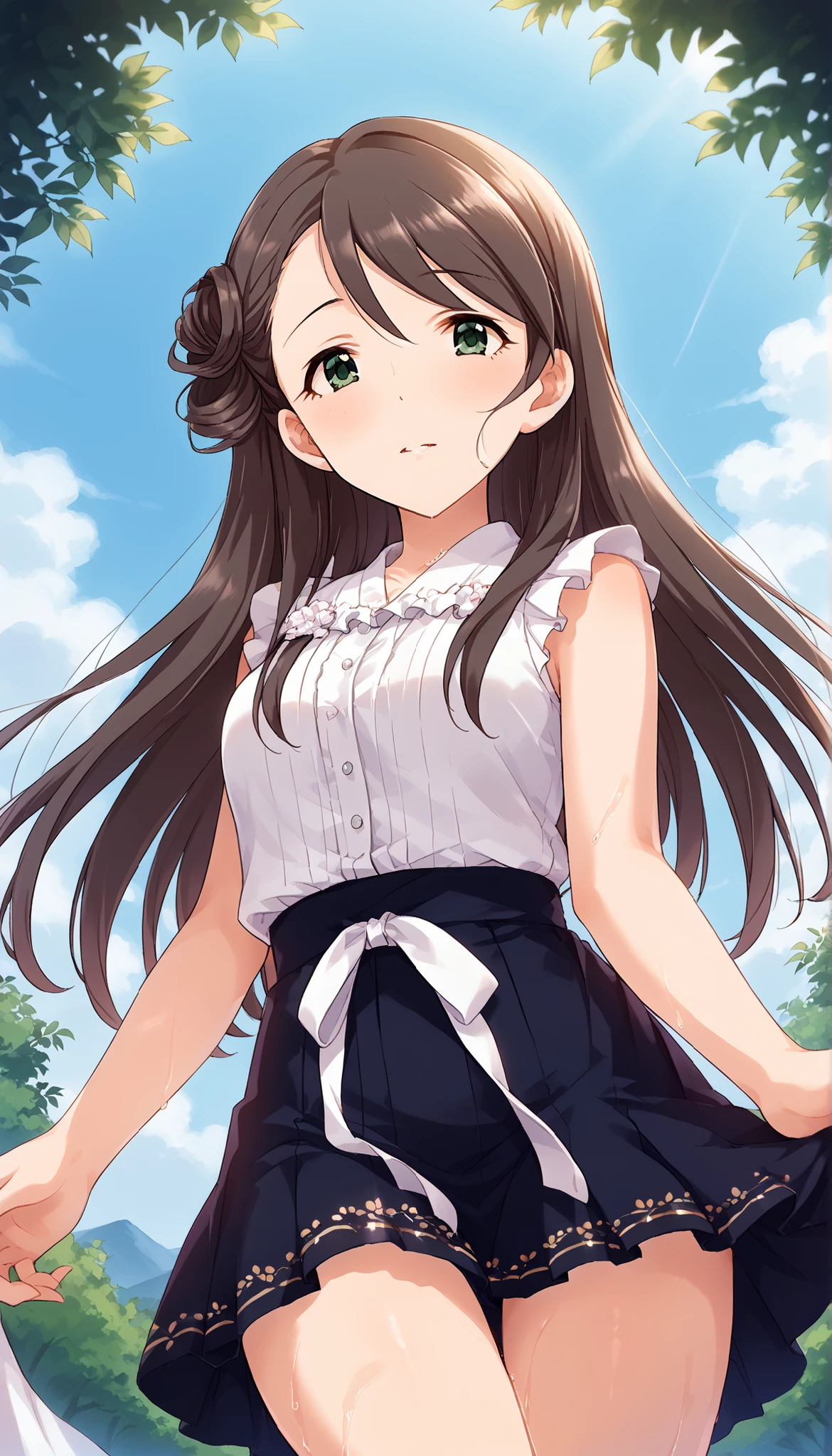 (((Nishikawa Honami ))),((private clothes)),white sleeveless,black short skirt ,Outdoors,((Low Angle)),thigh,long hair,Ulchan-6500-v1.1, ( RAW photos :1.2), Beautiful Detailed, very detailedな目 美しい目,beautiful eyes,GREEN EYES ,file size is large, high resolution, very detailed, top quality, [masterpiece:1.6], Awareness-raising, very detailed, CG, finely, top quality, 8K wallpaper, perfect body shape,very detailed