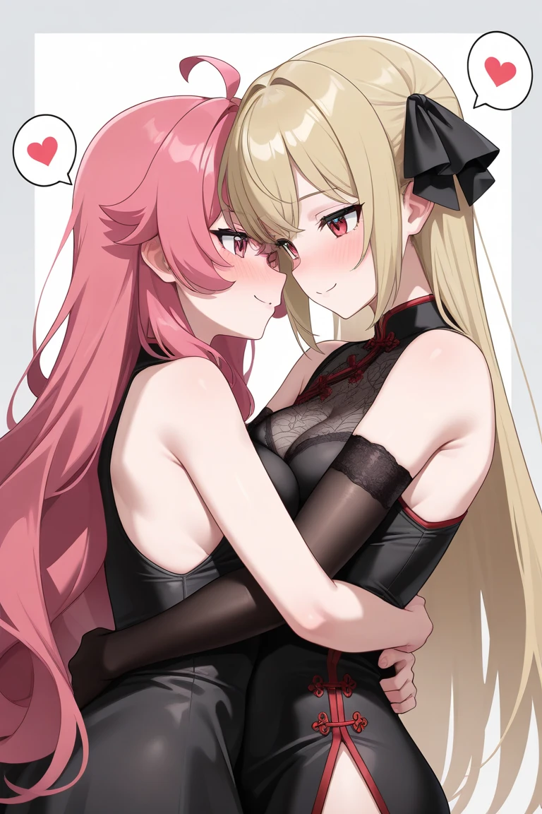 A girl with blonde hair and twin tails and a girl with red hair and twin tails,Facing each other, Open your mouth wide to the limit,Smell each other'breathless