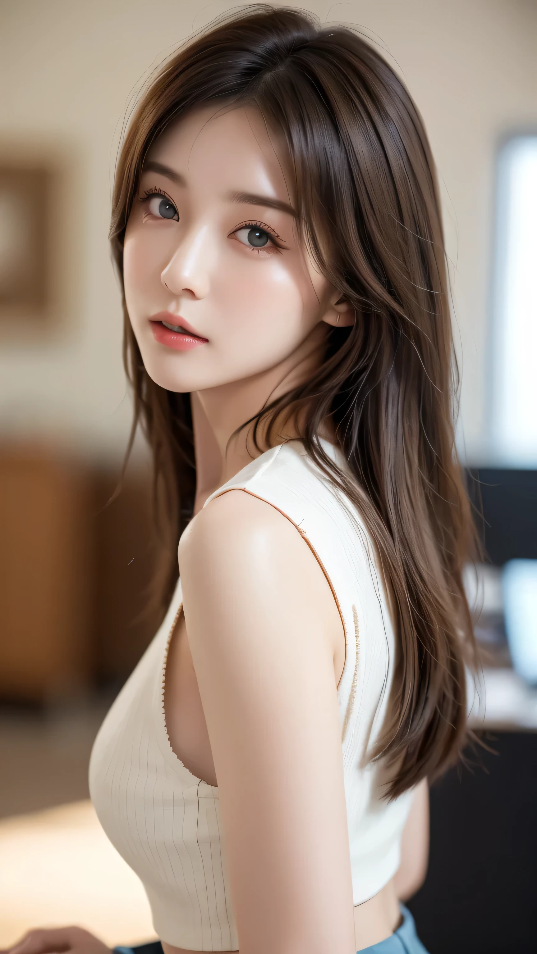 top quality,8K, very detailed,  in fine detail, high resolution, 8K wallpaper, perfect dynamic composition, Meticulous Eye, Beautiful Eyes、looking at the camera、top quality、model、slender body、pictures、brown hair semi-long、beautiful face、Actual item、, 、miniskirt、