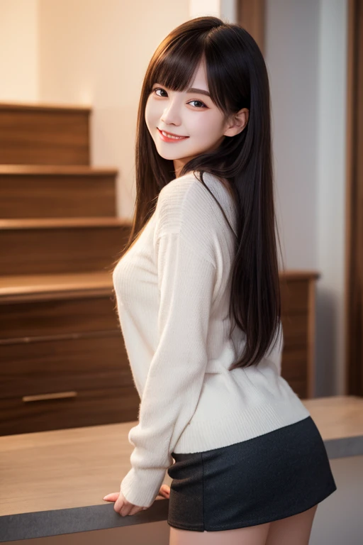 japanese woman,Female, 45 years old, long wavy black hair、bangs、tight white turtleneck sweater, plump nipples、tight skirt, Jacket、medium milk, cute smile、(butt sticking out pose)、(looked back)、sexy hips、barefoot, living、sexy pose、sexy lace panty necklace、earrings、Photo showing the whole body, big ass, plump thighs