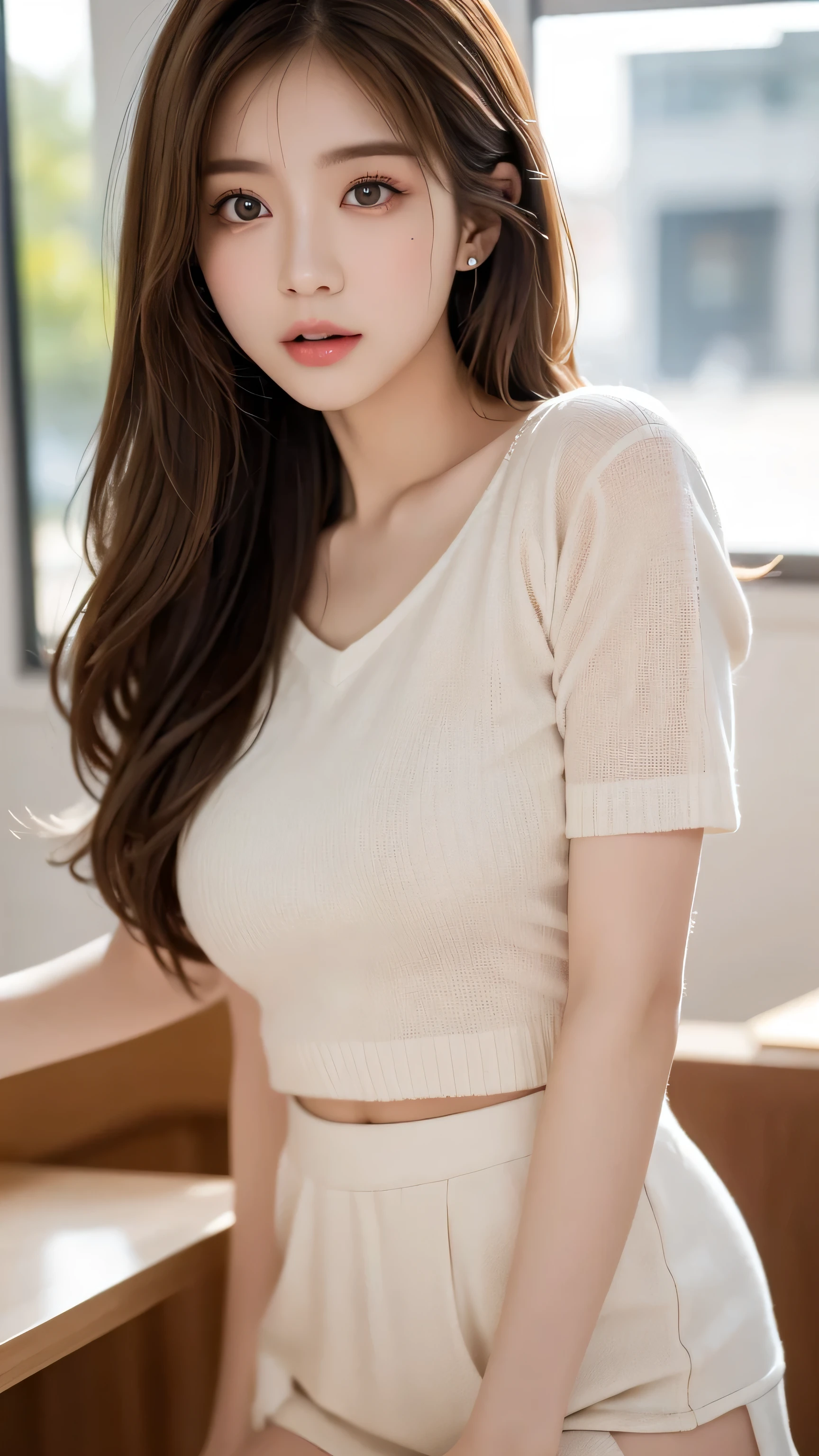 top quality,8K, very detailed, in fine detail, high resolution, 8K wallpaper, perfect dynamic composition, Meticulous Eye, Beautiful Eyes、looking at the camera、top quality、model、slender body、pictures、brown hair semi-long、beautiful face、Actual item、, 、miniskirt、