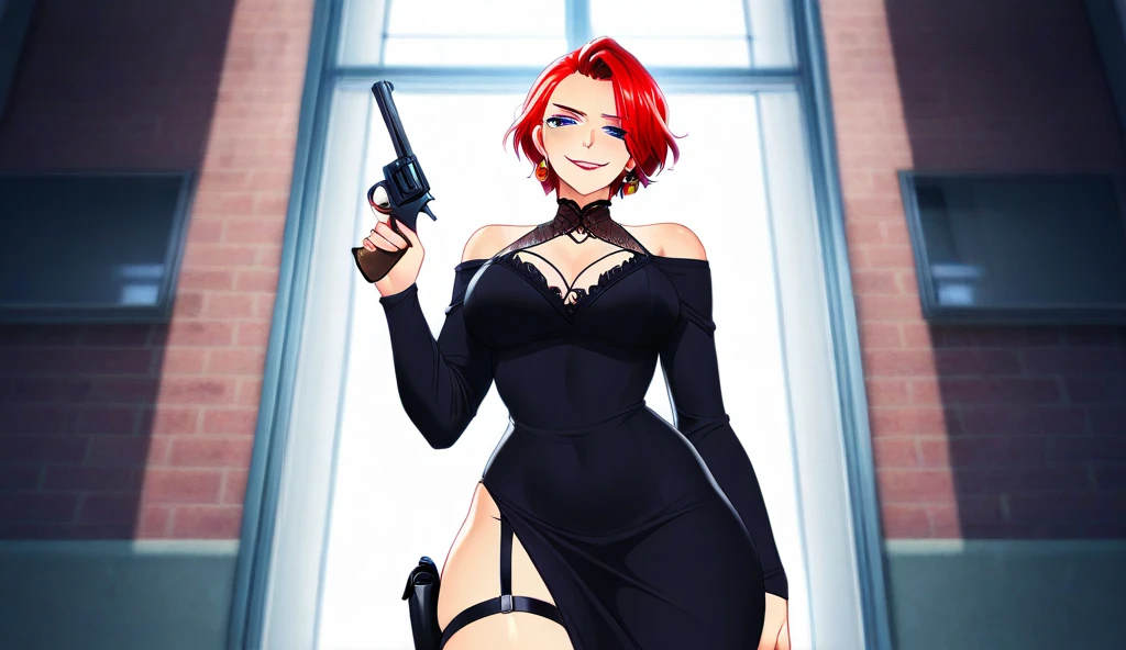 Marisa, red hair, blunt bangs, makeup, green eyes, smile, upper body,  solo, 
 Mattire, business suit, no bra, cleavage,  muscular, 
(insanely detailed, beautiful detailed face, masterpiece, best quality) 
 <lora:marisa-10v3:0.9>