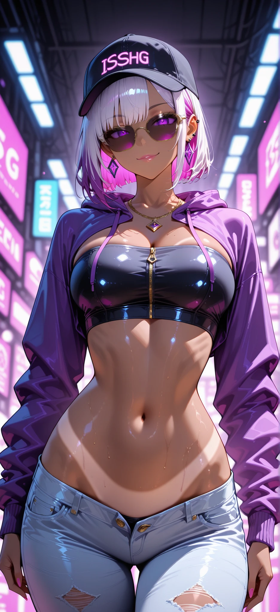 shizukamikazuki, shizuka mikazuki, short hair, purple hair, hair ornament, hairclip, (pink eyes:1.5), swept bangs,
BREAK navel, cleavage, jacket, open clothes, midriff, hood, open jacket, blue jacket, hooded jacket, sports bra, sports shorts,hood down,
BREAK looking at viewer,
BREAK outdoors, city,night, neon lights, wet road, reflections, stars, starfall,
BREAK (masterpiece:1.2), best quality, high resolution, unity 8k wallpaper, (illustration:0.8), (beautiful detailed eyes:1.6), extremely detailed face, perfect lighting, extremely detailed CG, (perfect hands, perfect anatomy), from behind, back view, from back, bend over.