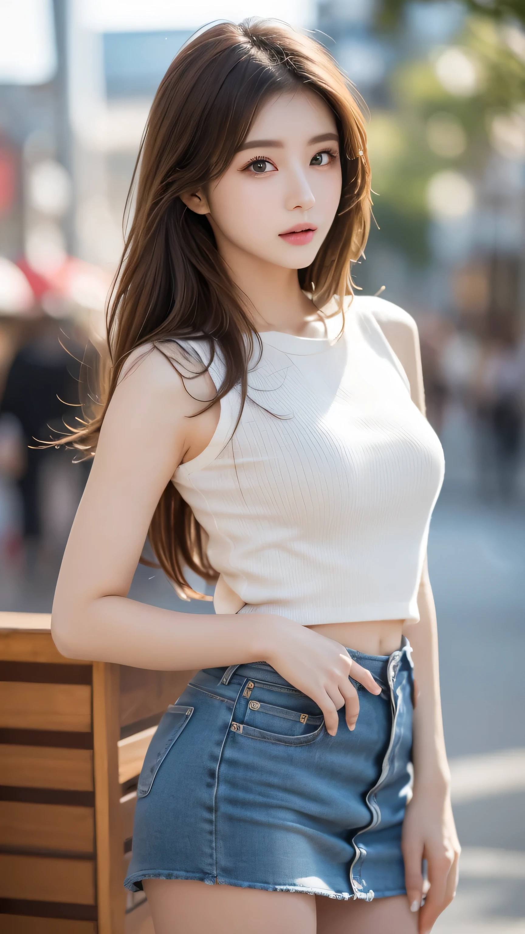 top quality,8K, very detailed, in fine detail, high resolution, 8K wallpaper, perfect dynamic composition, Meticulous Eye, Beautiful Eyes、looking at the camera、top quality、model、slender body、pictures、brown hair semi-long、beautiful face、Actual item、, 、 miniskirt fashion 、