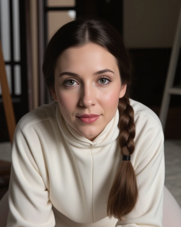 Beautiful adult european woman with soft brown hair with tied pigtail, white skin, Beautiful and realistic face, in full costume of princess leia from star wars film, Beautiful and realistic green eyes, seductive and coquette smile, in squat position, on the floor, beautiful face with makeup and lipstick, beautiful thighs, maxima resolucion de imagen y detalles intrincados, maximo enfoque al rostro, ((anatomically correct and detailed face)), without deformations, without nudity , ((without adult content)), maximum hyperrealism, hyperrealistic artwork, masterpiece, 4K, imagen de alta resolucion, hiperrealista, alta resolucion, full HD