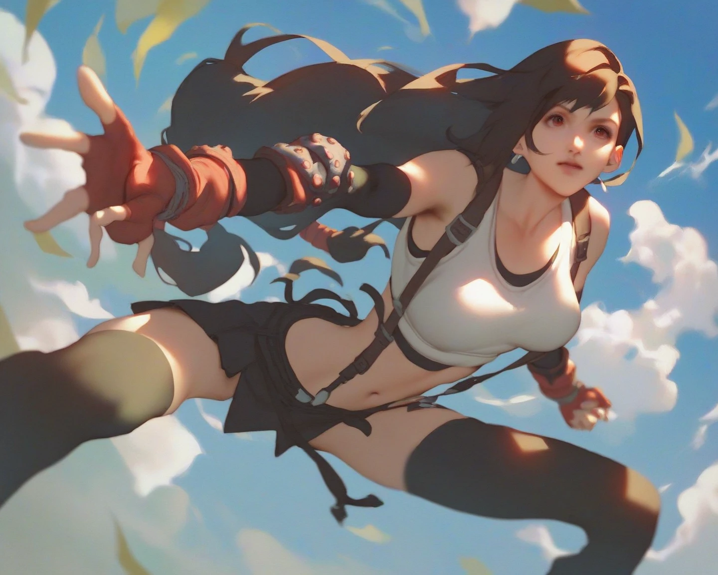 Fighting Pose、grassland、Tifa Lockhart、from below, white pantie, short tight skirt,