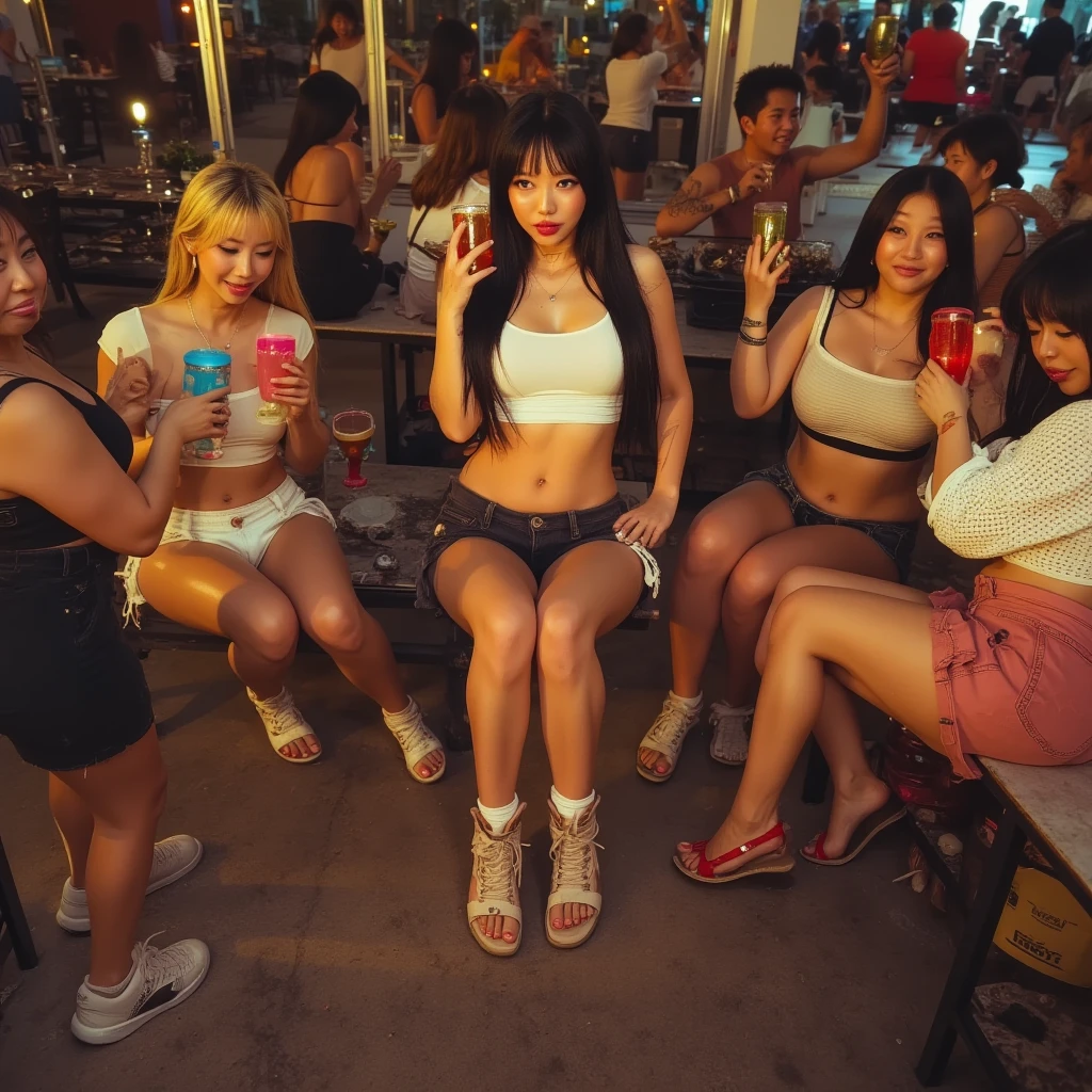Raw photo, photorealistic, real photo, photography, group of pretty ladies eating, outside, stars, guitar, laughing, smiling, eating foods, foods, drinks, sexy girls, 6+girls, young ladies, matured girls, large breast, 2023 fashion, detailed, matured, 24 age, 24 years old, Nikon d3500, instant photo, film grain,