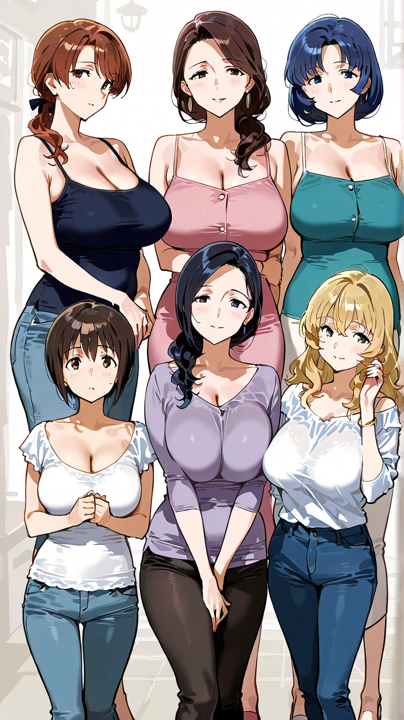 masterpiece, best quality, simple background, random hairstyle, large breasts, 6 girls, milf,