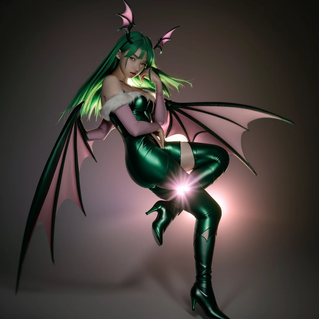 (((green color skin))),((highest quality)), ((masterpiece)), (be familiar with), perfect face,demon girl,pink hair,demon horn,demon wing,demon tail,slender,mini bast,crotch tattoo,spread legs