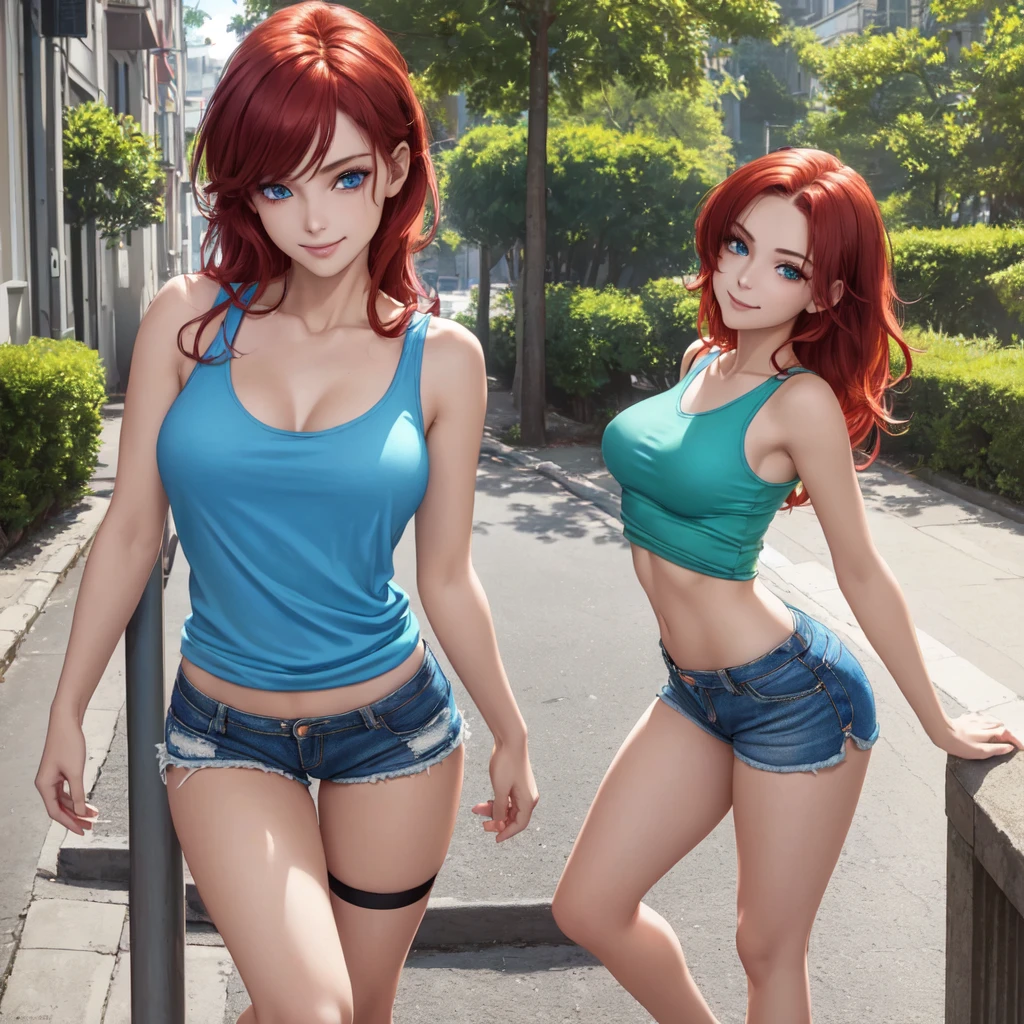 Garota Ruiva de anime em bermuda jeans e corset pink, saia, 16 anos, corpo bonito, seios grandes, com as hands on chest, hands on chest, Garota sexy, red hair with braid, mechas de cabelo laterais, mechas de cabelo na lateral do rosto, beautiful lighting, sombras suaves, olhos azuis, pernas bonitas, hair with braid, estilo anime, Ranma Chan, Autora Rumiko Takahashi, Baseado em obra de Rumiko Takahashi, Anime Ranma 1/ 2, decote sexy, quadril robusto, corpo inteiro, corpo inteiro, busto grande, garota jovem com corpo belo e bonito, sandals on his feet, garota 16 anos jovem baixa estatura, vestindo short jeans e corset pink, garota anime, estilo anime, beautiful feet in sandals, 45° viewing angle, ao ar livre, hair braid vermelho, grande , peito grande, hair braid, hentai