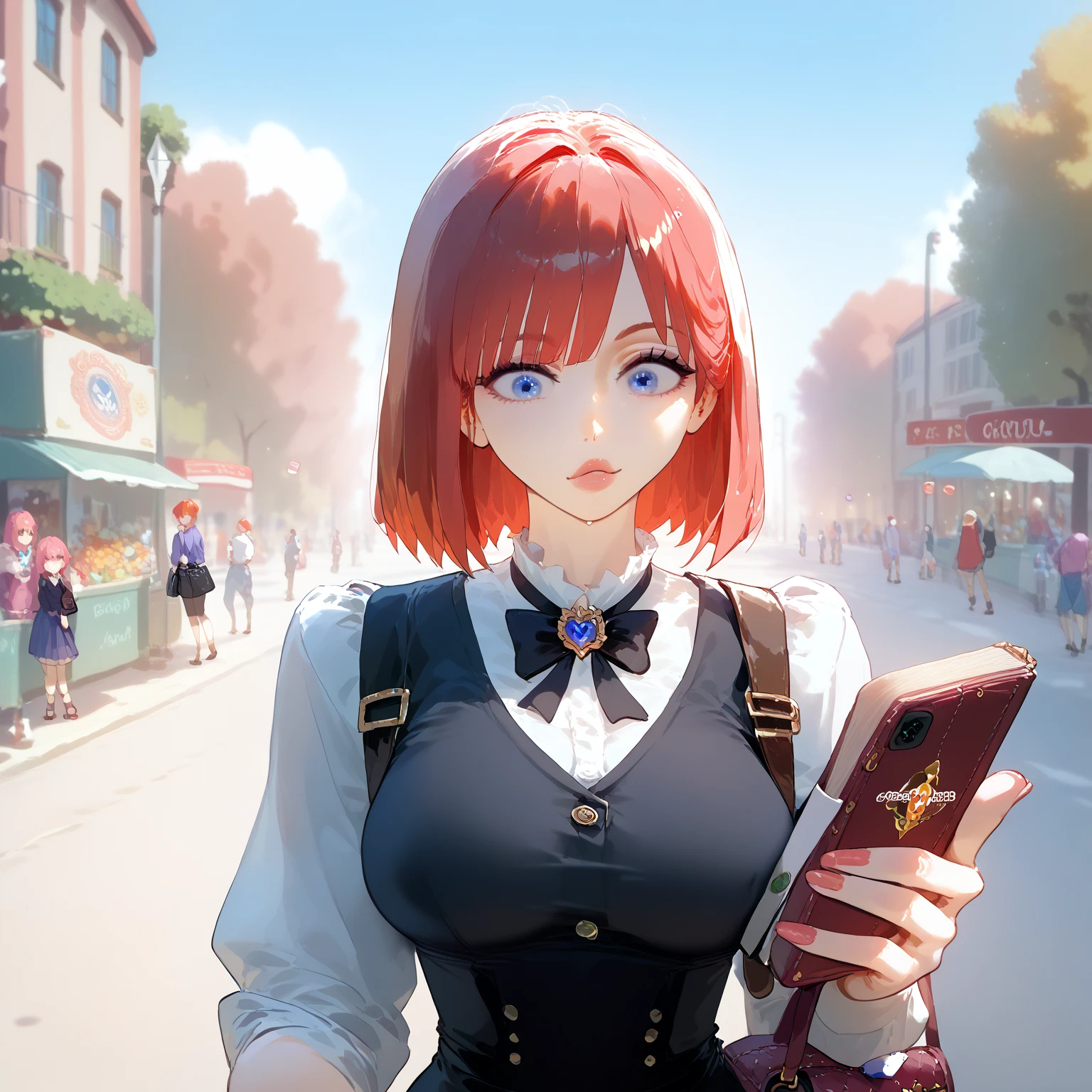 1girl, red hair, red eyes, twintails, employee uniform, pencil skirt, skull print,
outdoors, train station, standing in front of bus,
<lora:TGU e6:1>