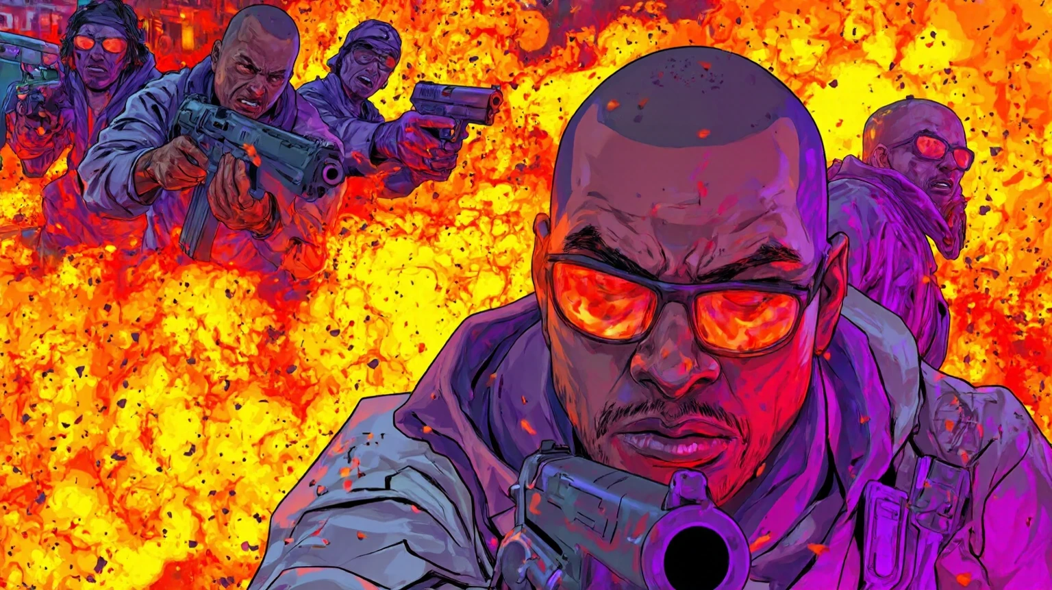 gta style illustration, depict a scene of a gang turf war, intense, game cinematic