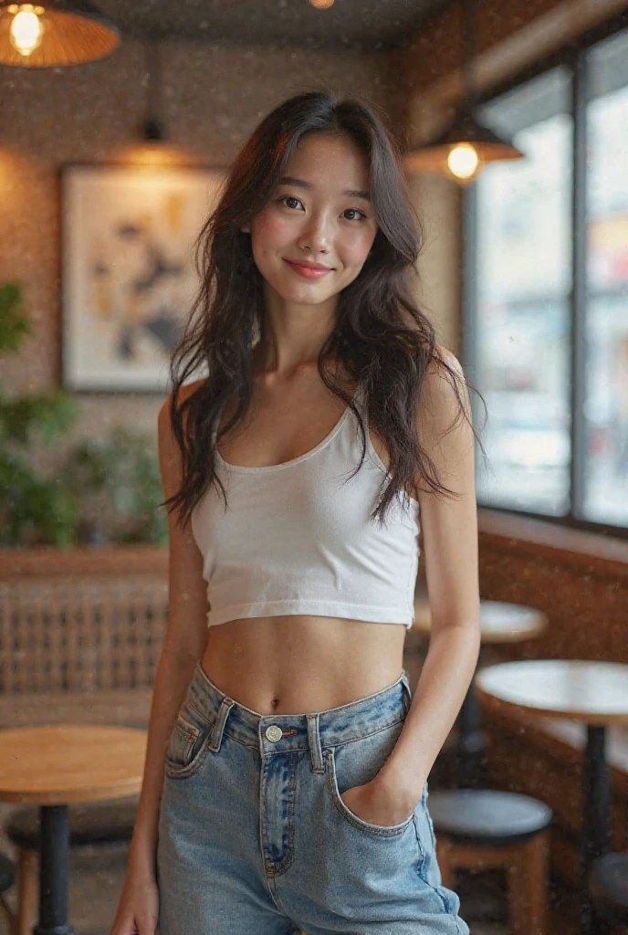 beautiful,K-POP idol,japanese idol,japanese actress,High resolution,beautiful skin,8K,RAW photo,highest quality,masterpiece,realistic,photo-realistic,clear,professional lighting,beautiful顔,highest quality,超High resolution,beautiful eyes,sexy,beautiful唇,white teeth,beautiful歯列,smile,whole body,beautiful脚,1girl in ugly pattern sweater,underboob,denim shorts
