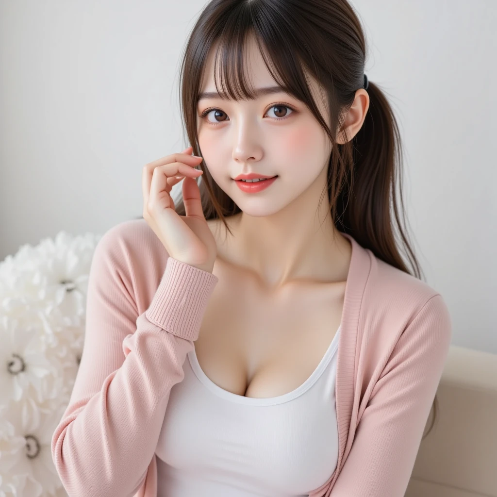 Highest quality、Cleavage、Big Breasts、slouch、Pink Shirt、Twin tails、Brown Hair