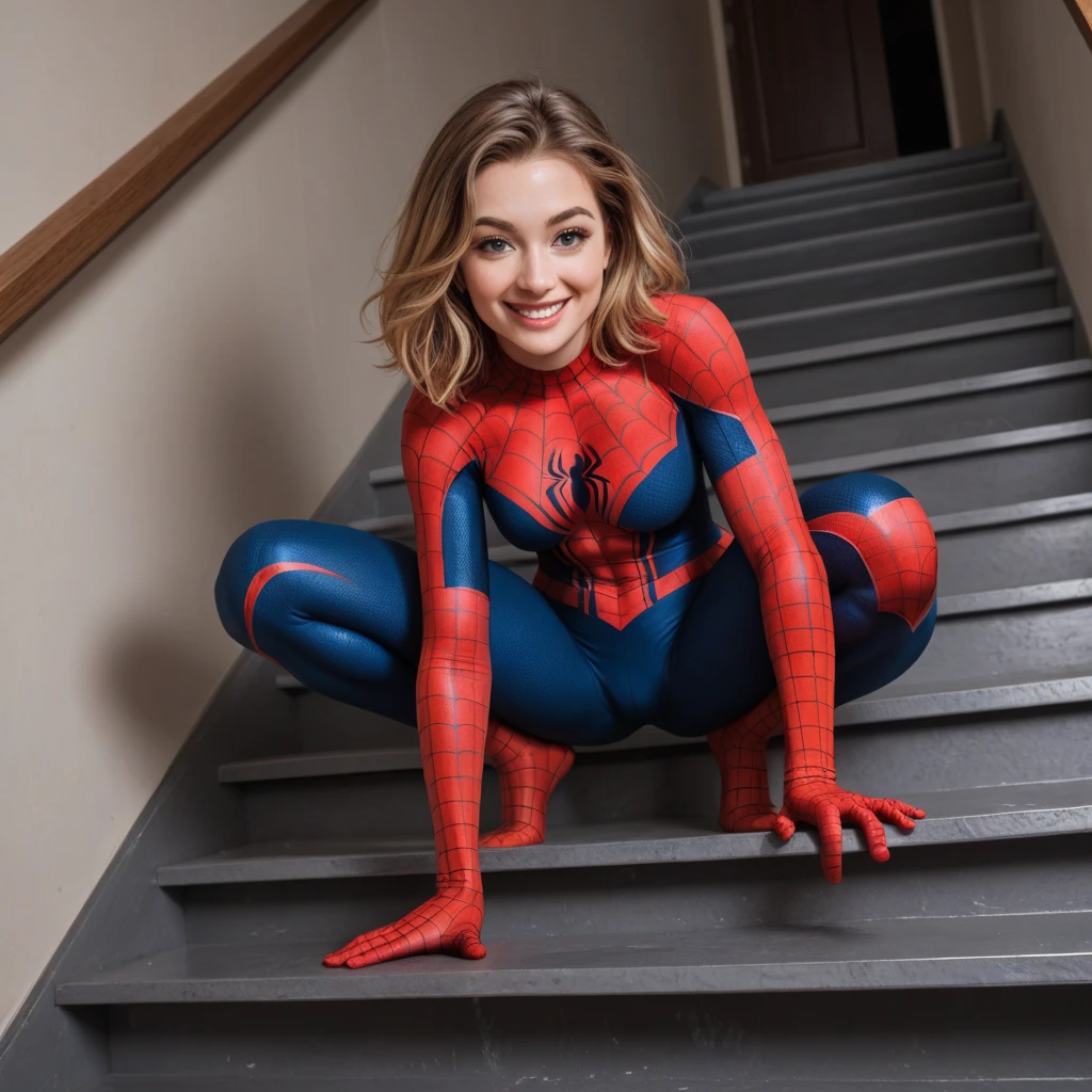 Gwen Stacey as Spidergirl, 8k, uhd, sporty slim and fit body, detailed face, body, she is swinging on web between skyscrapers with a happy smile