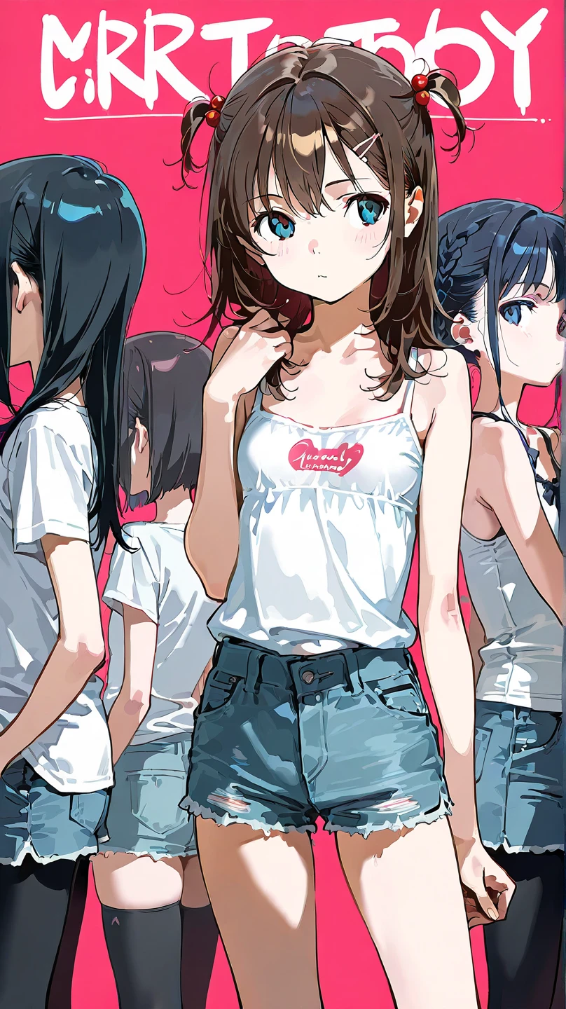 (masterpeace, high quality), multiple girls, 15yo schoolgirls, preteen, loli, slim, flat chest, shopping mall, (white panties), white t-shirt, (group selfie), wide angle, soft light, white, bright