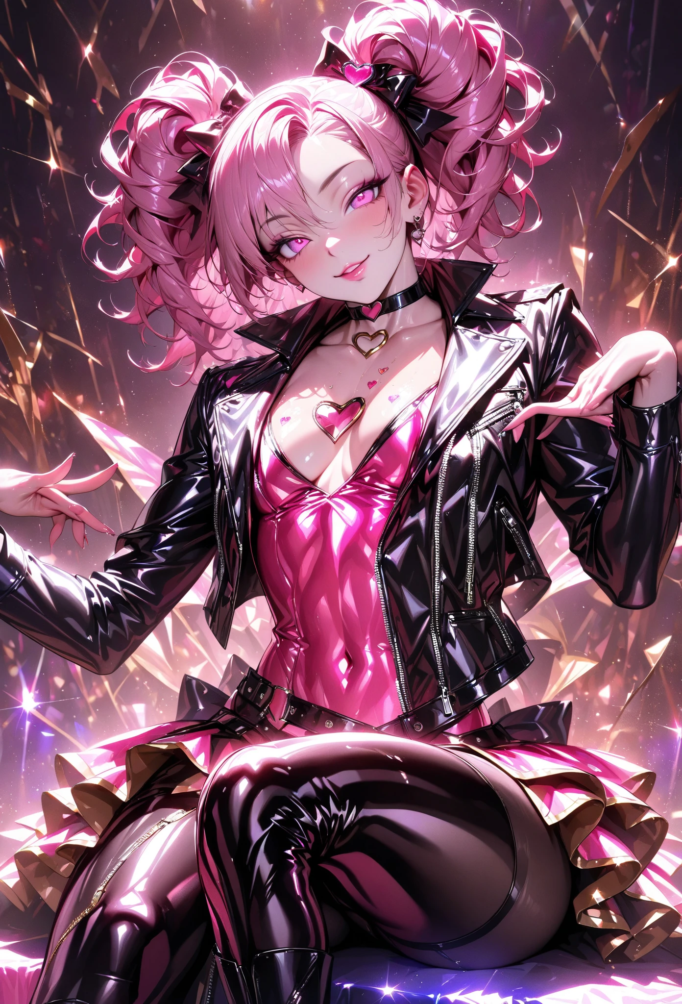 1 mature woman,(Highest quality,Extremely detailed depiction,Incredibly absurd high resolution,Anatomically accurate depiction,Nice hands, Perfect Fingers,Curvy Legs,Detailed eyes),(Glowing Skin,Glossのある肌,Oilskin),(Sexy Idol),(Idol Costumes,Cute hairstyle,tights,Choker of Hearts,boots,Gloss),eyelash,(Bright pink eyes,Crazy Eyes,There is cleavage in the chest,A seductive smile,Glossのある唇,Seductive gestures),Sweat,whole body,background:Bedroom at night
