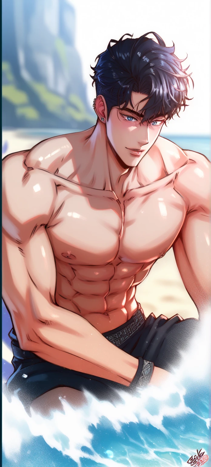 1 male, Japanese male model, high resolution 4k, adult, handsome, perfect face detail, detailed eyes and face, clean shaved, sixpack, white eyebrow hair, white eyelashes, Naked torso, Detailed face, perfect face, dynamic lighting, Real skin texture, detail Perfect hand details, Real and complete hand details, unreal engine, hd picture, satoru gojo, Jujutsu kaisen, white hair, short hair ,hair between eyes ,blue eyes, white skin, Sweat, tank top, Sauna background