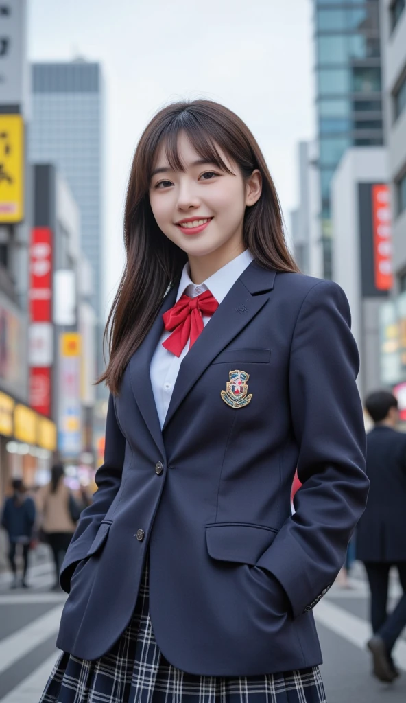 8k), (highest quality: 1.2), (Realistic), (Realistic: 1.37), Ultra-high resolution, (1 girl), cute, A shy smile, Mouth closed,Red cheeks with embarrassment, Beautiful details, Beautiful Nose, Black twin tails,Giant Dulcefo, pork, Thighs,Self Snap,University Uniforms,blazer,Pleated skirt,(The skirt is tartan check pattern....:1.3),(Sitting:1), Sitting on the ground in the city at night,(Hold my feet:1),From above,Bring your face closer