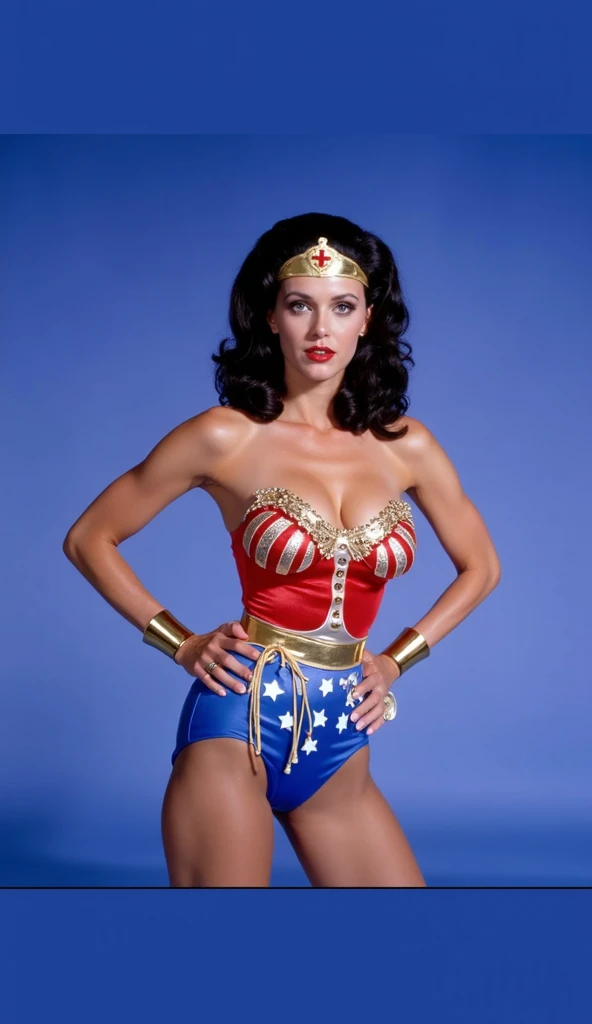 Linda Carter. Wonder woman. Full body shot, full length cinematic shot. sensual. stupid. sexy, micro stupid. lingerie. Xxx, hyper realism. 8k. Photography, hyper realism. k. Photography (Masterpiece, super detail, high detail, Best Quality, 8k