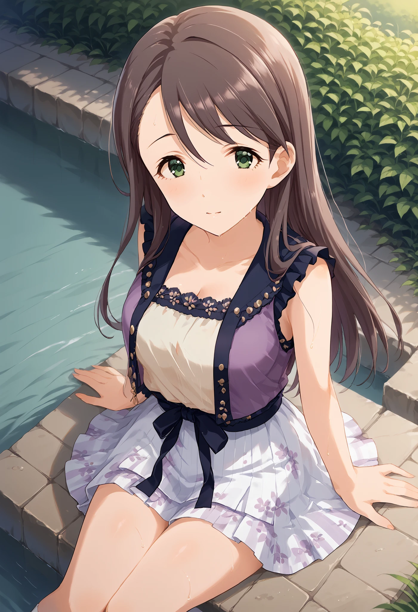 (((Nishikawa Honami ))),((private clothes)),purple sleeveless,white short skirt,Outdoors,((shot from above)),medium breasts,open chest,thigh,sit,long hair,Ulchan-6500-v1.1, ( RAW photos :1.2), Beautiful Detailed, very detailedな目 美しい目,beautiful eyes,GREEN EYES ,file size is large, high resolution, very detailed, top quality, [masterpiece:1.6], Awareness-raising, very detailed, CG, finely, top quality, 8K wallpaper, perfect body shape,very detailed