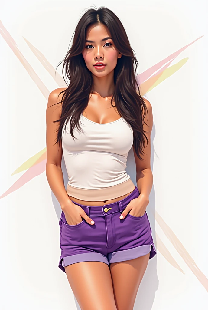 25 year old girl with wawer made waves ((long hair)), freckles, green eyes and brown hair Beautiful realistic , a 25 year old beautiful girl, brunette hair, (((bright green eyes))), youthful, big lips, small nose, thick eyebrows, round youthful cheeks, long hair, tanned skin, ((((purple color top with big breasts and low waisted jeans))), (((wearing super low waisted jeans)))