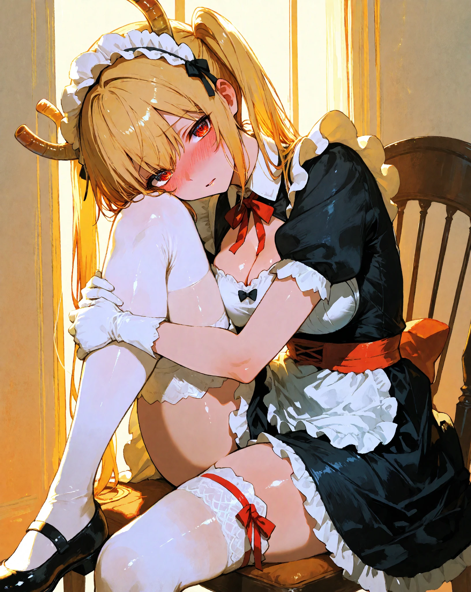 Medium chest,Sexy pretty girl, blonde hair, pastel red eyes,curly hair,dog ear, heart,ribbon,white garter belt, fellatio gesture,steam,girl trembling with sexual climaxmore,Front-facing,